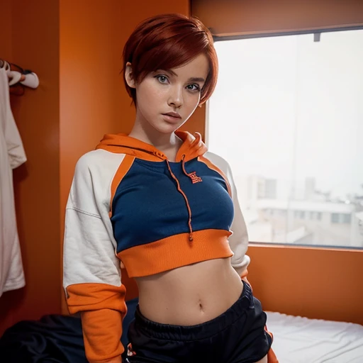 1girl, blue eyes, short red hair, Sculpted Crop Cut, orange and white crop top hoddie, black shorts, room, looking at viewer 