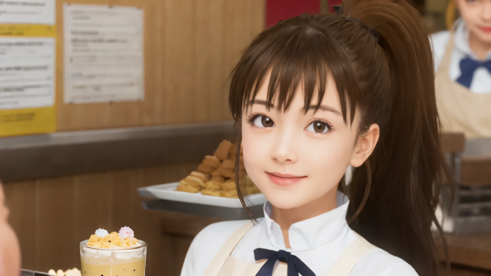 highest quality, 8K, Super detailed, photorealistic, poplar, (1 girl:1.3), brown hair, ponytail, long hair alone, Ruffled apron, Beige apron, white shirt, ribbon around the neck, black skirt, work at a family restaurant, best smile, open your mouth, (brown tray:1.2), (put on parfait:1.3), Run, low length, petite woman, face focus