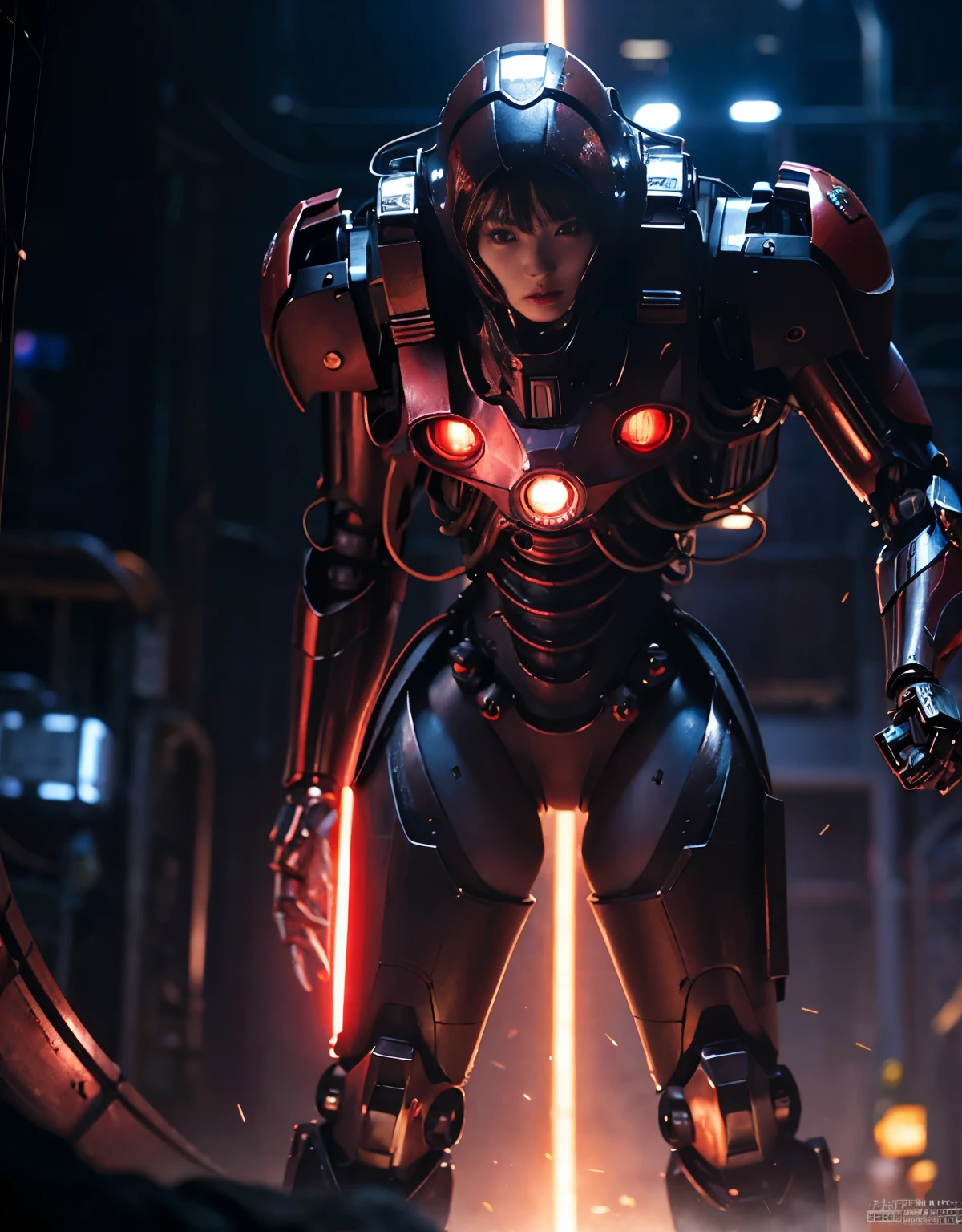 (Skimpy mechanical girl and alien background)、（Mystical expression）、highest quality、masterpiece、Super high resolution、(Photoreal:1.4)、RAW photo、1 girl、glowing skin、(((1 Mechanical Girl)))、（red metalボディスーツ）、(Natural alien background to fight aliens)、(Small LED)、((Super realistic details))、vertical giant monster background),global illumination、Shadow、octane rendering、8K、super sharp、robotの背景、big breasts、Raw skin exposed in the cleavage、red metal、intricate decorative details、Japan details、very intricate details、realistic light、(Mystical expression),CG Society Trenlow Eyes、Eyes shining towards the camera、Mechanical marginal blood vessels connected to neon detail tubes)、(Wires and cables connecting to the head)、Small LED、,mechanical thighs、two stock、（Hands are also made of machines）、robot、future alien、Please wear a mechanical helmet、transparent face guard on helmet、