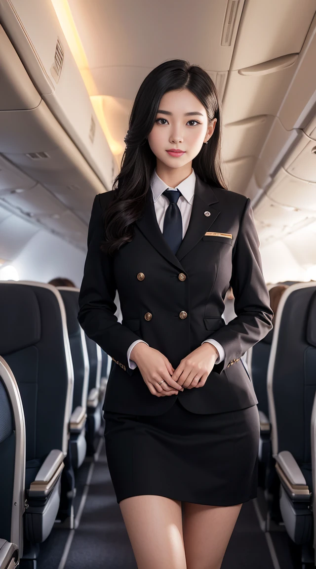 1woman, 20yr old、hyperdetailed face、Detailed lips、A detailed eye、二重まぶた、(black long hair、Like an airplane stewardess々Do a good job)、(Stewardess uniform:1.2)、(Glamorous body)、(Colossal tits)、smile、thighs thighs thighs thighs, Perfect fit, Perfect image realism, Background with: (Business Class aisle on airplanes:1.2), Cowboy Shot, Meticulous background with, detailed costume, Perfect litthing、Hyper-Realism、(Photorealsitic:1.4)、8K maximum resolution, (masterpiece), highly detailed, Professional