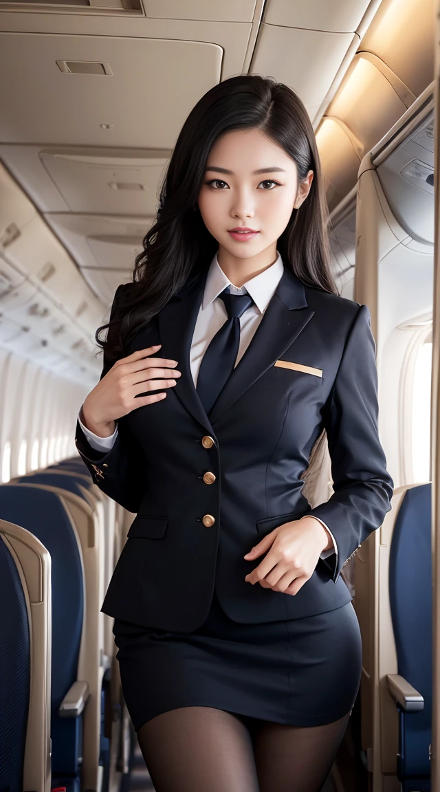 1woman, 20yr old、hyperdetailed face、Detailed lips、A detailed eye、二重まぶた、(black long hair、Like an airplane stewardess々Do a good job)、(Stewardess uniform:1.2)、(Glamorous body)、(Colossal tits)、smile、thighs thighs thighs thighs, Perfect fit, Perfect image realism, Background with: (Business Class aisle on airplanes:1.2), Cowboy Shot, Meticulous background with, detailed costume, Perfect litthing、Hyper-Realism、(Photorealsitic:1.4)、8K maximum resolution, (masterpiece), highly detailed, Professional