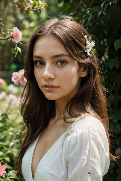 (best quality,ultra-detailed,photorealistic),young woman,beautiful eyes,detailed lips,pensive expression,soft lighting,vibrant colors,smooth skin,long flowing hair,stylish outfit,garden background,colorful flowers,natural sunlight,serene atmosphere