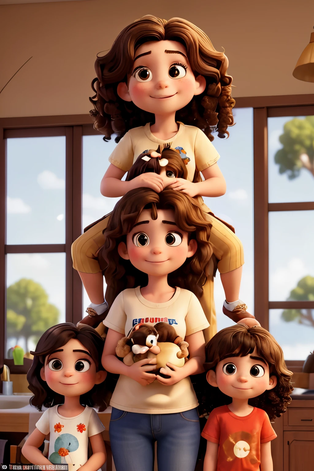 Family: brunette mother straight hair on shoulders light brunette a little fat , Fat dad half curly hair is short straight, 10-year-old daughter with long, semi-curly hair is brunette and striking eyebrows and 4-year-old son with straight short hair and jabuticaba eyes