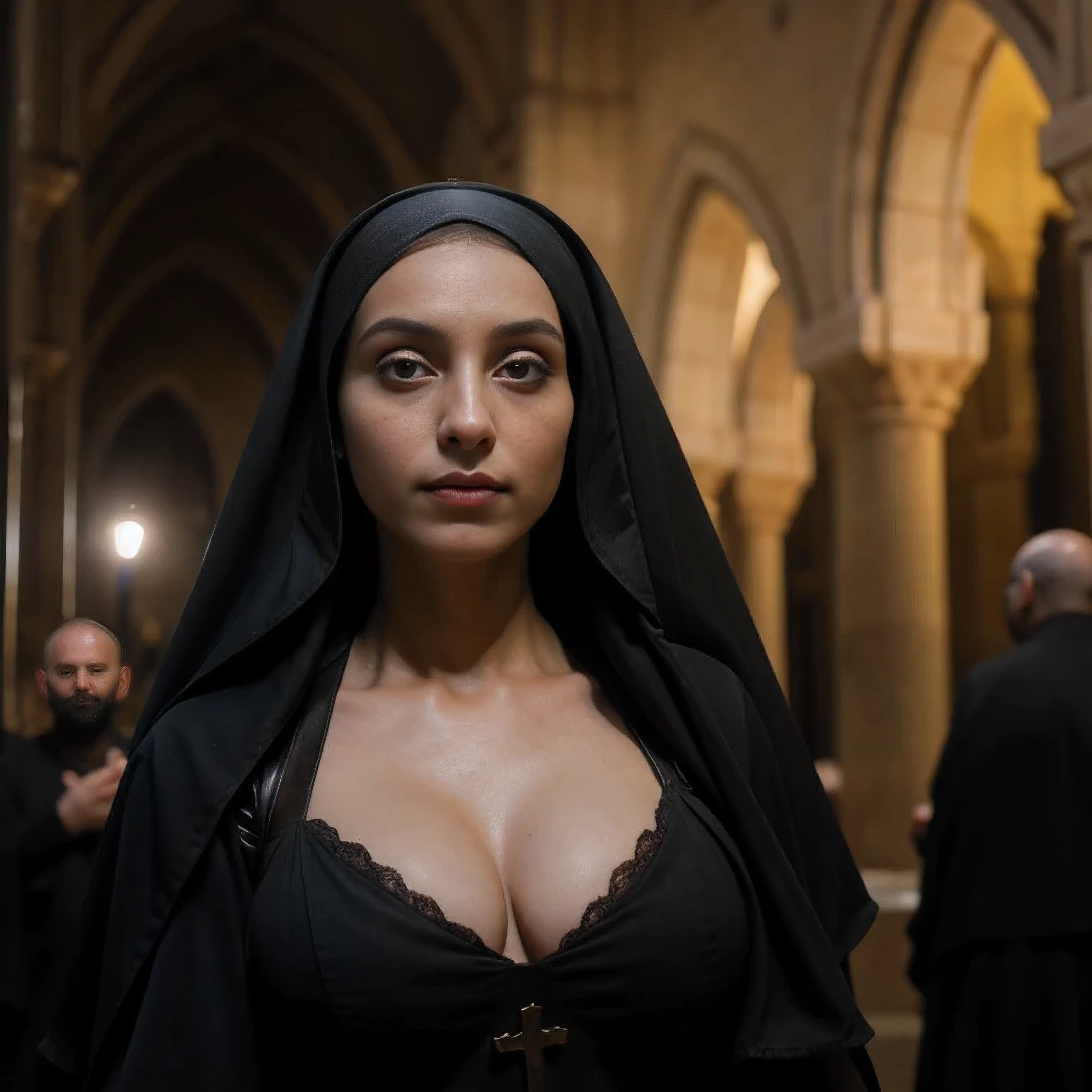 (in 8K,Raw photo,top-quality,超A high resolution,masterpiece:1.2),(Photorealsitic:1.37), (Gothic nun huge breasts), Set in the 2020, Surreal makeup, Leather catholic clothes with bare naked breasts in front of a Turkish Mosk with Muslim men around her at night, Muslim, Mosk, Very dark, Horror, Red hue, Sony A7III, movie的ライティング, movie, grain, UHD Face, volumetric shadow