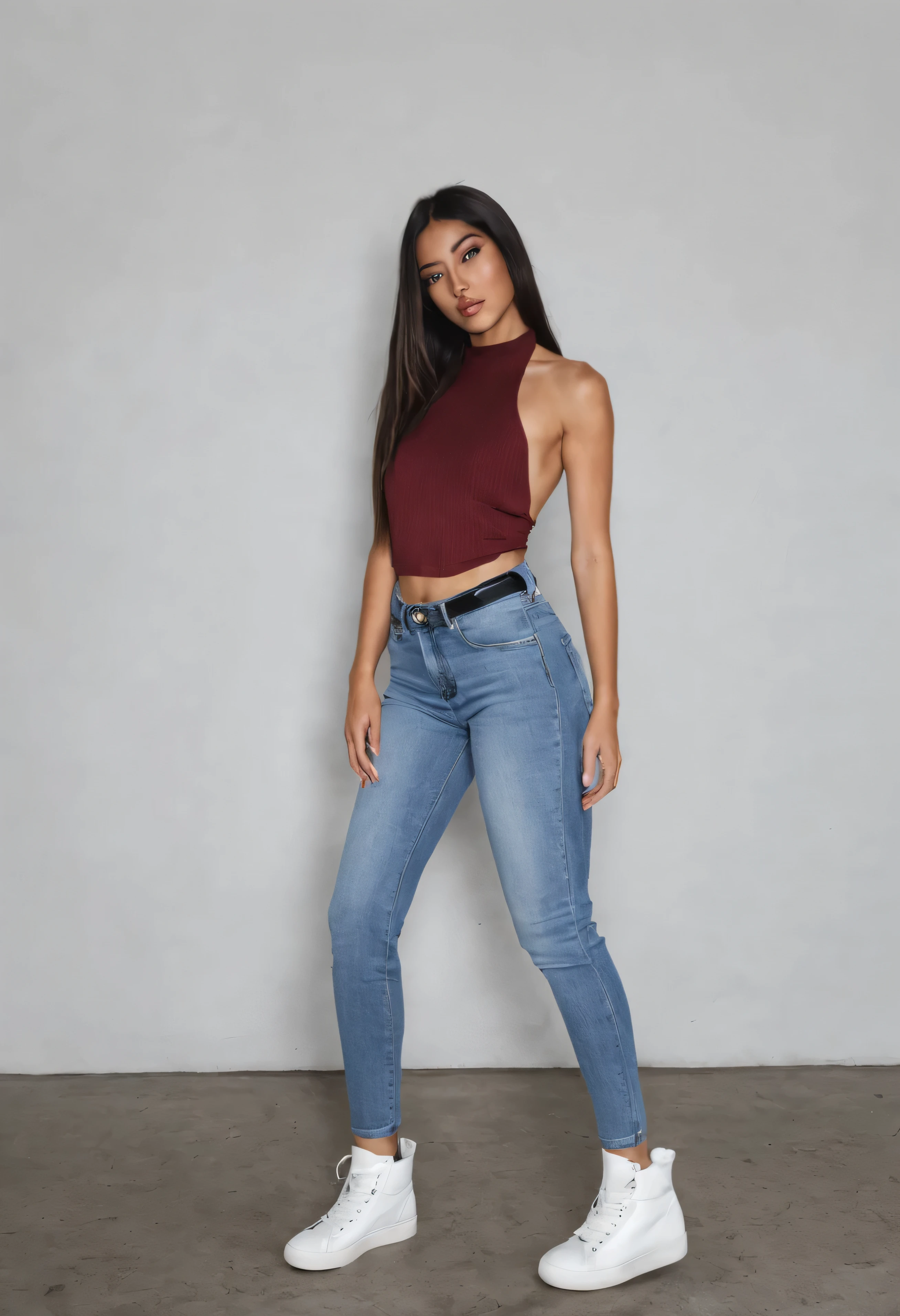 woman, full body shot, body with brunette skin, black hair, straight long hair, in trendy clothes, tall.