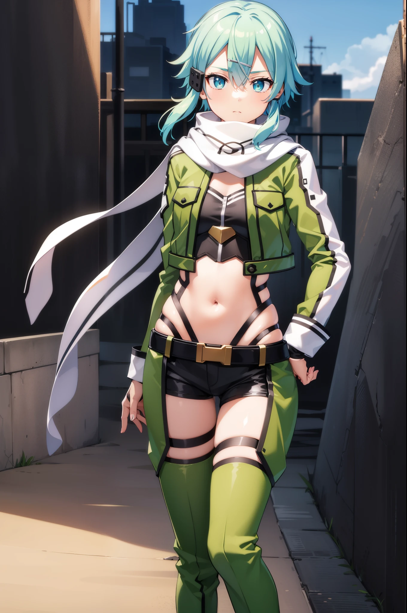 (masterpiece), best quality, expressive eyes, perfect face, highres, sinon1, scarf, fingerless gloves, long sleeves, short shorts, hair ornament, hairclip, green thighhighs, green jacket, thigh strap, hands on hip, field, ruins background, standing, cowboy shot, looking at the viewer