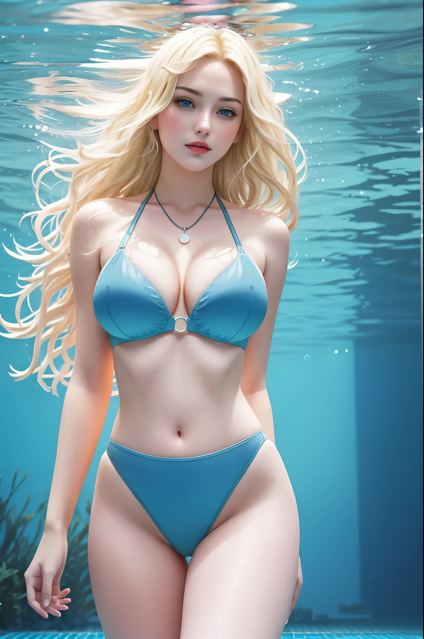 Hot Russian blonde girl  ((swims under water in pool, underwater photography, flowing hair in the water, hair that floats with the waves, details of underwater hair, underwater light and shadow, small air bubbles, small air bubbles from the mouth, dive underwater, horizontal diving, swimming underwater, swim fins)), ((looks into the distance, beautiful face, {blue|green|grey} eyes, big breasts, slim waist, big thighs, wide hips, big buttocks, long legs)) BREAK (bright luminous transparent blue bikini with complex intricate abstract colored patterns) BREAK bracelets, necklace, bright red lipstick, (blonde hair:1.5), (detailed cameltoe, camel toe, labia, cleavage), (Best Quality, 16K, Masterpiece, UHD:1.3, Ultra quality cinematic lighting, Huge detail, Well lit, 35mm, sharp, hyper realistic, epic scale, insane level of details, beautiful detailed girl, very detailed eyes and face, beautiful detailed eyes, ultra detailed skin, realistic skin)
