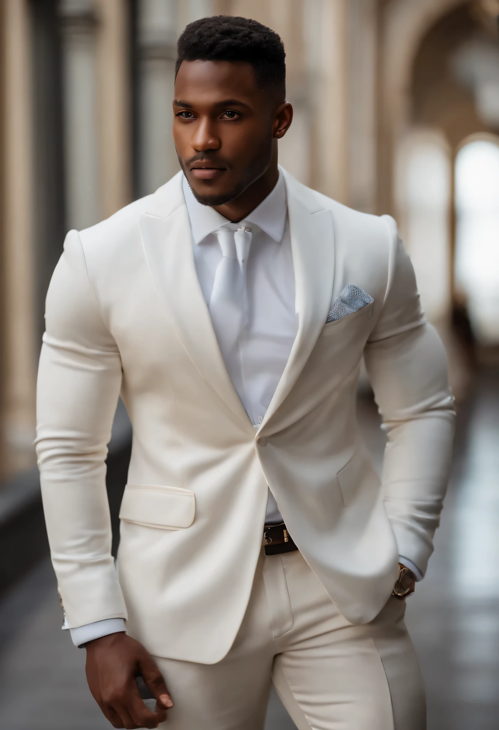 25 year old black man in serious suit, Portez un costume blanc, Model ordered, Montrez votre visage, photo de perfil professionnel, Workwear, Office Wear, high resolution, chef-d'ouvrages d'art, fond sombre, Blurred background Best quality, Intricate and high details, very detailed, acuity, texture, Well-detailed eyes A well-detailed face, professionnel, 4k, Tournage Canon, 85 millimeters, faible profondeur de champ, Vision des couleurs Kodak, perfectly fitted body, Extremely detailed, photo_\(Ultra\), photo realista, Post-traitement, maximum details, roughness, vrai vie, ultra realistic, le rendu, Directeur de la photographie, 8k euh, Directeur de la photographie (grain de film)