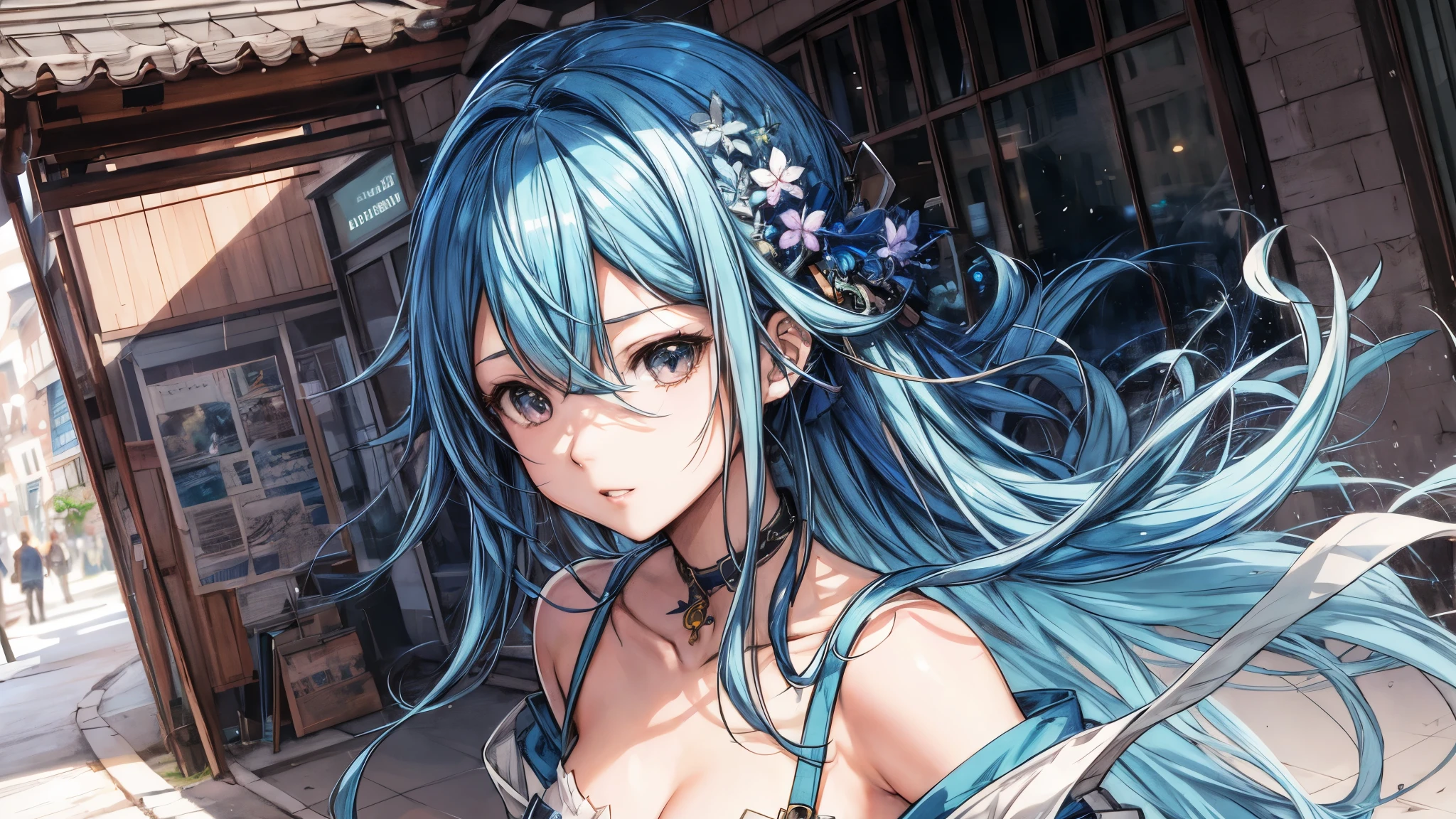 Chica anime con cabello azul y vestido azul parada frente a un edificio., estilo anime 4k, arte de anime digital detallado, Fondo de pantalla de arte anime 4k, Fondo de pantalla de arte anime 4K, Arte detallado de alta calidad 8k, guweiz en pixiv artstation, guweiz en artstation pixiv, tendencia en artstation pixiv, fondo de pantalla de arte anime 8 k