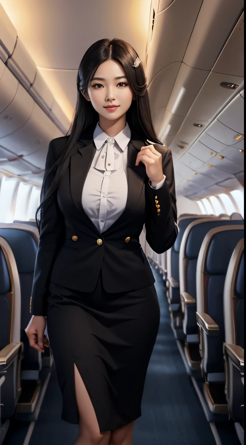 1woman, 20yr old、hyperdetailed face、Detailed lips、A detailed eye、二重まぶた、(black long hair、Like an airplane stewardess々Do a good job)、(Stewardess uniform:1.2)、(Glamorous body)、(Colossal tits)、smile、thighs thighs thighs thighs, Perfect fit, Perfect image realism, Background with: (Business Class aisle on airplanes:1.2), Cowboy Shot, Meticulous background with, detailed costume, Perfect litthing、Hyper-Realism、(Photorealsitic:1.4)、8K maximum resolution, (​masterpiece), highly detailed, Professional