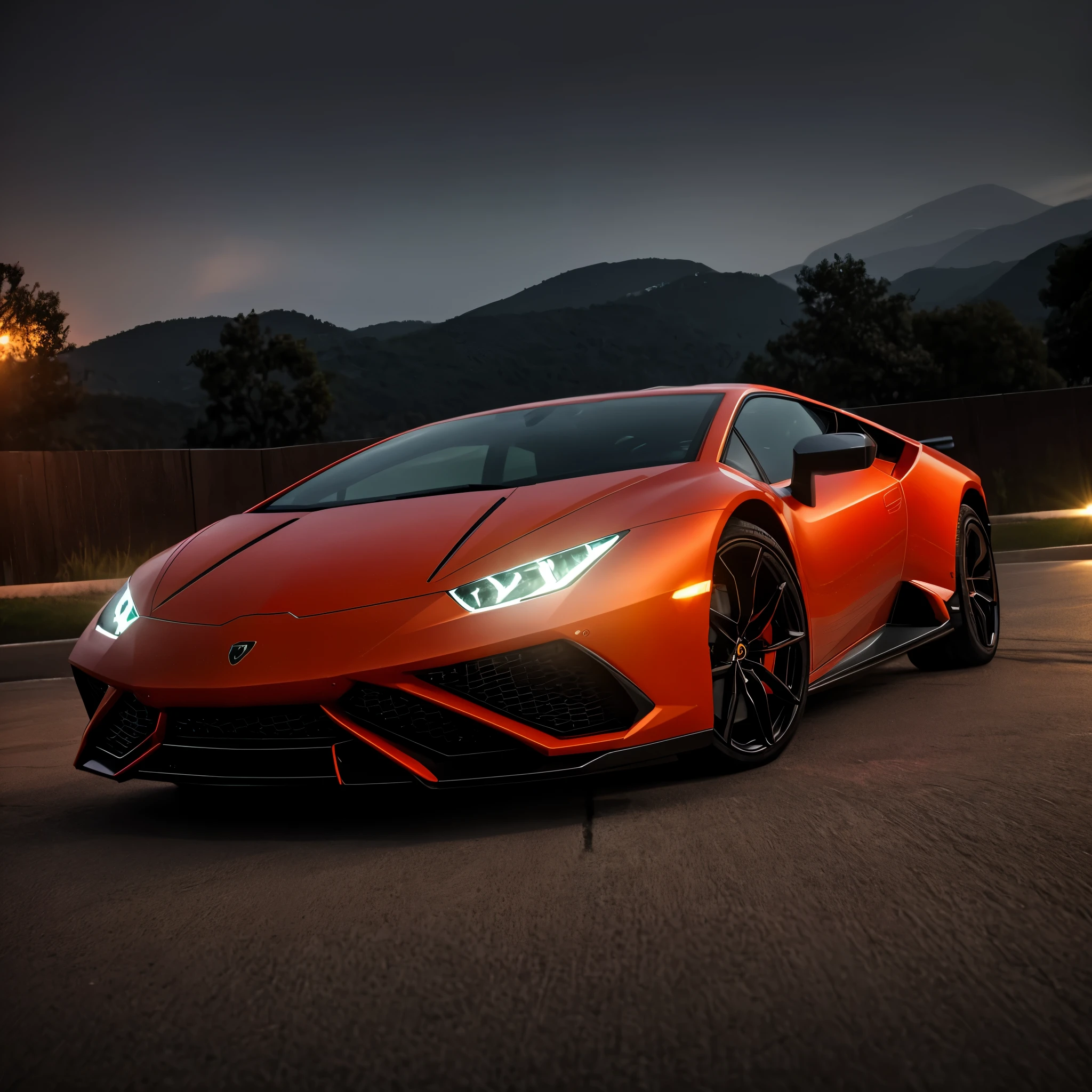 Lamborghini huracan color black and orange in a modern mansions driveway at night while its raining