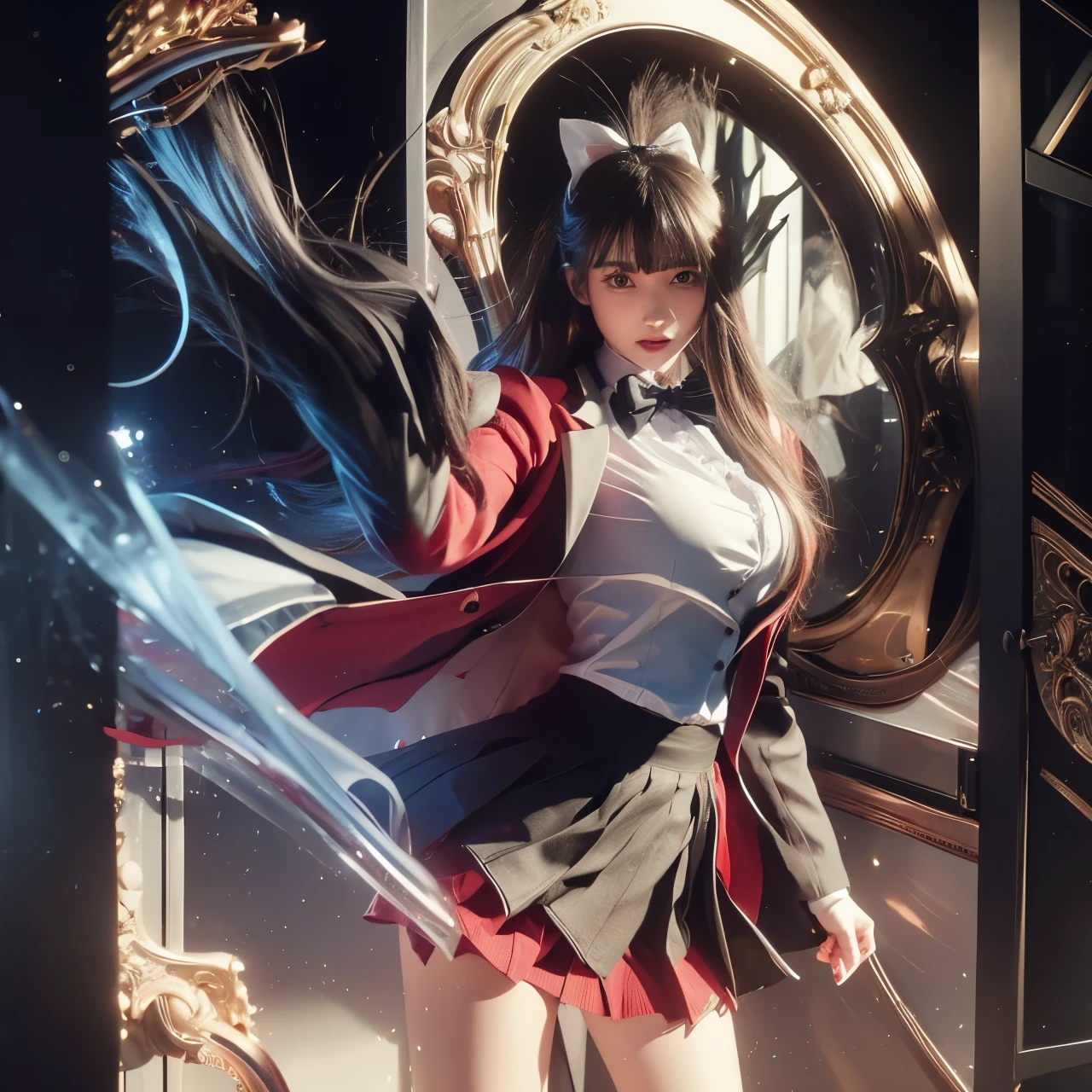 Arya, 1girl, solo, long hair, blue eyes, ahoge, bow, looking at viewer, red bow, jacket, bowtie, long sleeves, breasts, shirt, open jacket, red bowtie, door, cowboy shot, collared shirt, indoors, school uniform, white hair, standing, open clothes, skirt, bangs, dress, grey jacket, black dress, blush, pleated skirt, parted lips, medium breasts, pleated dress, white shirt, hair between eyes, white jacket, hand up, blazer, black skirt, thighs, open door, hallway