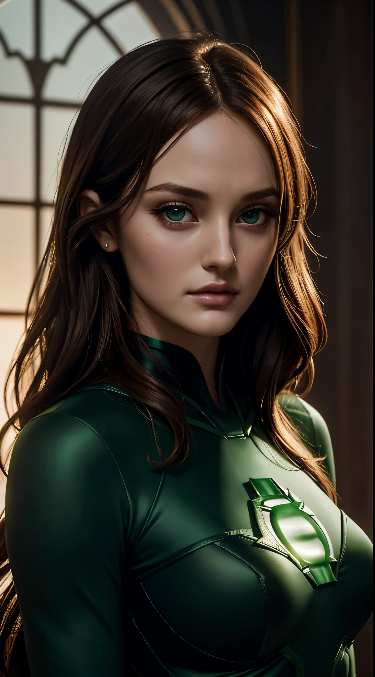 Leighton Meester, wearing Green Lantern costume sexy clothes. professionally retouched, soft lighting, realistic, smooth face, perfect eyes, sharp focus on eyes, 8 k, high definition, insanely detailed, intricate, elegant. in a natural background.