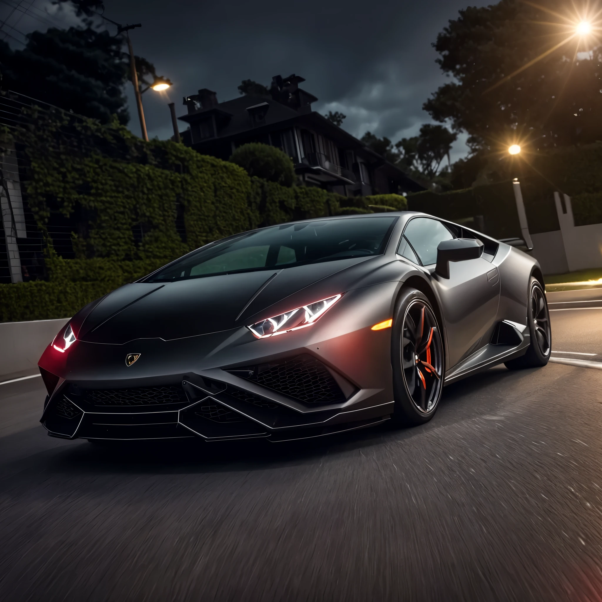 Lamborghini huracan color black and orange in a modern mansions driveway at night while its raining