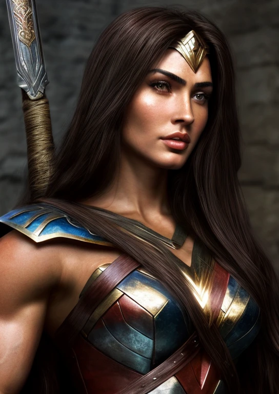 a close up of a woman in a costume holding a sword and shield, beautiful female warrior, warrior woman, a beautiful woman warrior, female warrior, warrior princess, portrait of wonder woman, warrior girl, greek amazon warrior, muscular warrior women, amazon warrior, warrior queen, north adult female warrior, barbarian warrior woman, artgerm ; 3d unreal engine, wonder woman
