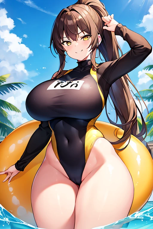 1girl, large breasts, wide hips, thick thighs, brown hair, ponytail, yellow eyes, smirk, smug, smile, one-piece swimsuit, competition swimsuit, black swimsuit, pool, sleeves, long sleeves, yellow trim, yellow line, bare legs