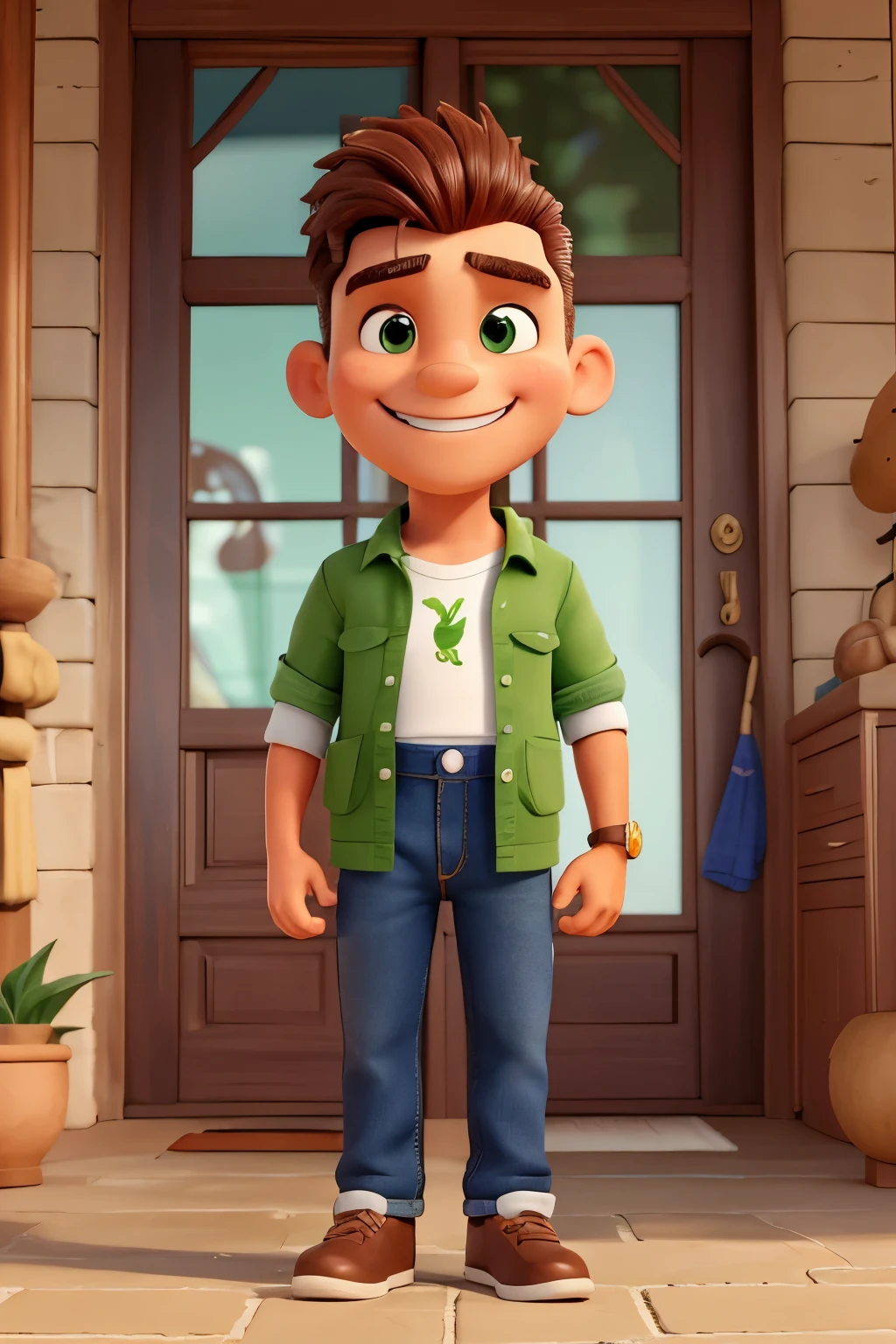 Develop a 3D mascot of a man with a robust physique. Ele deve ter olhos verdes expressivos, cabelos pretos escuros penteados de maneira elegante. Vista-o com uma camisa branca de mangas curtas e uma jaqueta verde moderna. Make sure the mascot is smiling in a friendly and charismatic manner. Explore detalhes que destaquem a personalidade calorosa e confiante do mascote. Make sure the overall look is cheerful and welcoming.