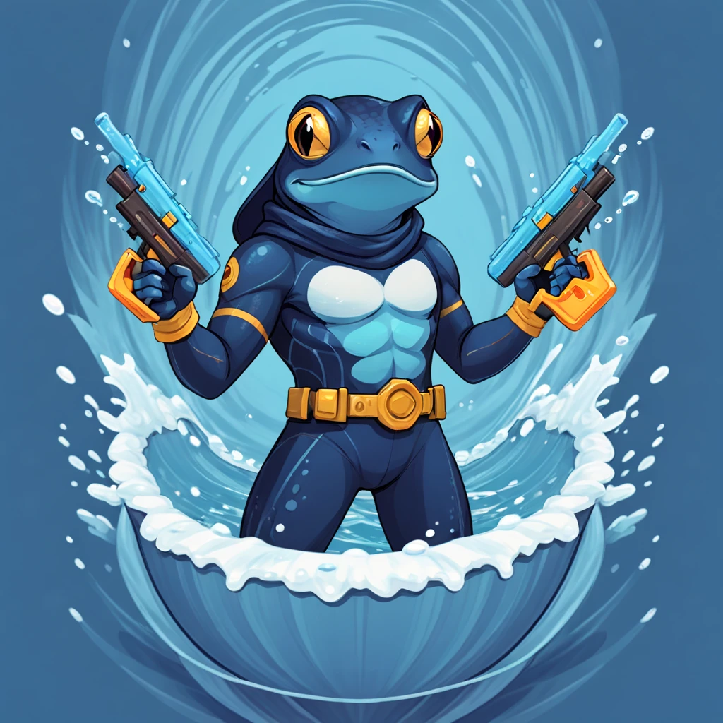 A blue frogman in a whirlpool with a watergun in a white gloved hand, in card art style