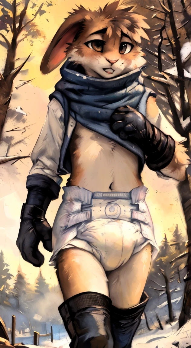 (((by Zackary911, by Kenket, by Kilinah))), (rabbit), bipedal, kid proportions, hands covered by thick padded leather mitts, thick padded leather socks, shirtless, wearing pampers disposable soggy diaper with blue snowflake shaped symbol, walking, surrounded by mist, surrounded by snowflakes, blizzard, at forest