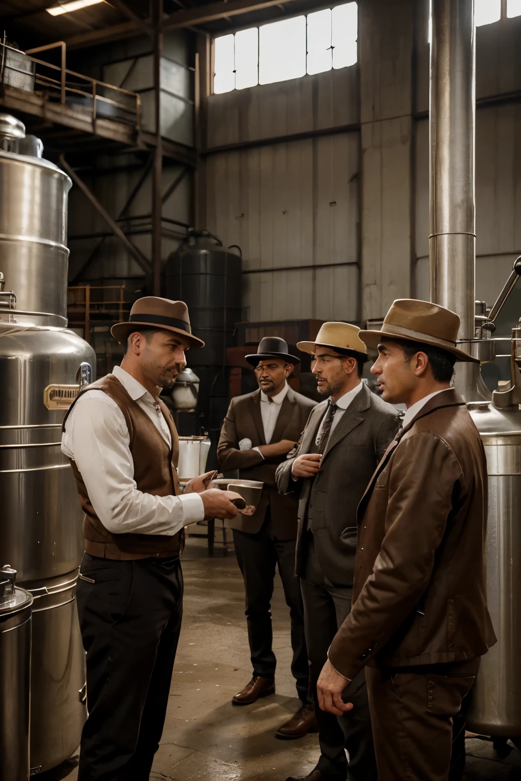 Draw a group of men dressed in typical mid-1900s attire., positioned in front of an old coffee factory. Their costumes reflect the fashion of the time, with fedora hats, jackets, elegant vests and lined pants. The coffee factory in the background is an imposing presence, with its industrial structures and tall chimneys.
The men are arranged in a close circle, imersos em uma conversa animada. Your facial expressions reveal enthusiasm, seriedade ou talvez um toque de humor enquanto trocam ideias e gestos. Alguns podem estar segurando jornais ou charutos, authentic period details.
The atmosphere is filled with the aroma of raw coffee that permeates the air around the factory., adding a sensory layer to the scene. Enquanto os homens conversam, the movement in the factory continues, showing the importance and constant activity of this business in that era.