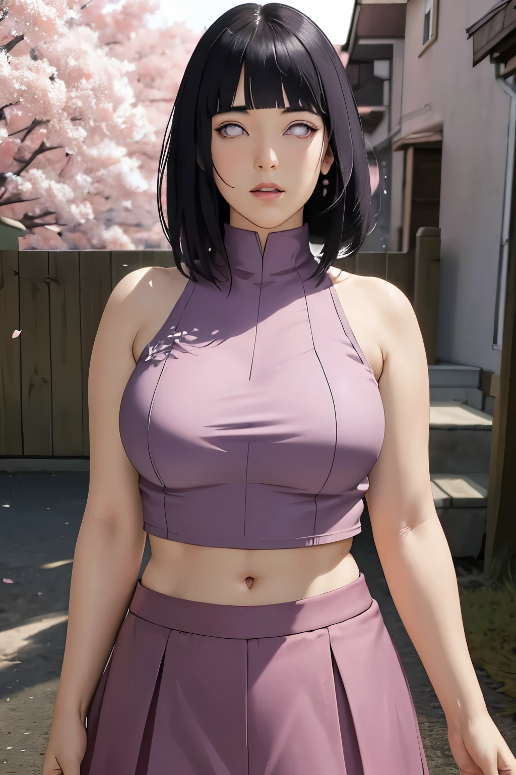 masterpiece, absurdres, hinata\(boruto\), 1girl, solo,mature female, crop top ,navel,fat,big belly high waist mini skirt, looking at viewer, (falling petals), perfect composition, detailed lips, big breast, beautiful face, body propotion, blush, (pink lips), long hair,  purple eyes,  soft gaze,  super realistic, detailed, photoshoot, realistic face and body,