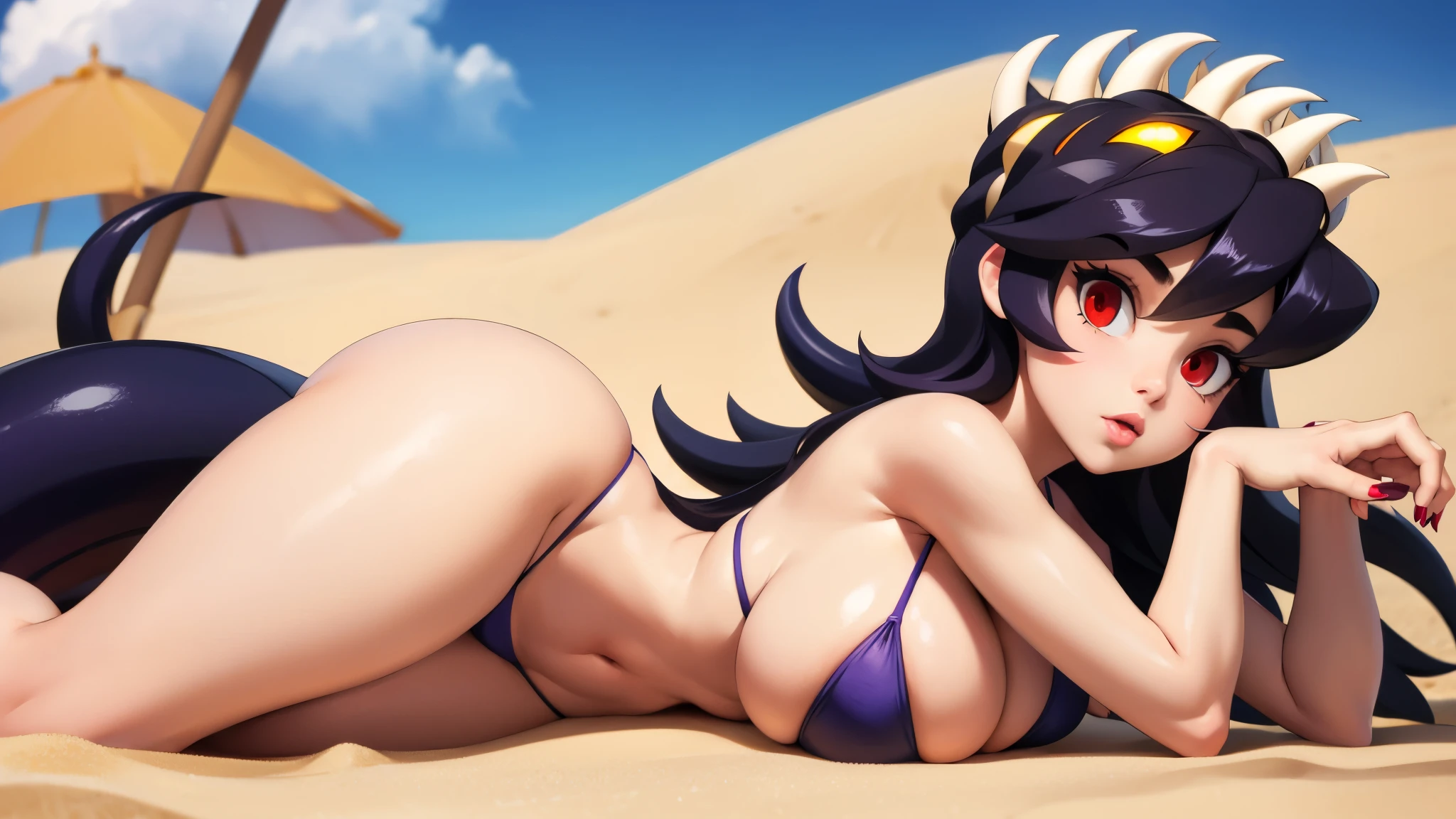 Filia, bikini, thong, huge ass, huge boobs, long legs, seductive look, feminine lips, feminine hands, nails, face view, lying in the sand, anatomically correct body,