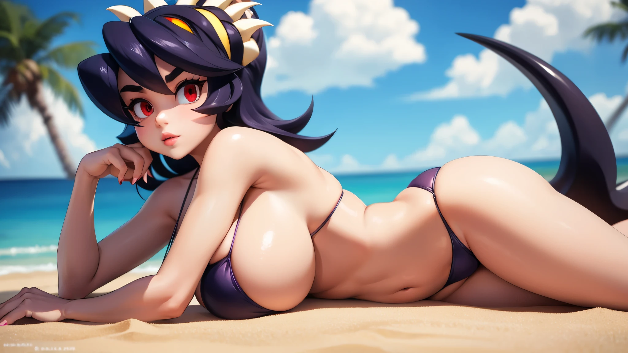 Filia, bikini, thong, huge ass, huge boobs, long legs, seductive look, feminine lips, feminine hands, nails, face view, lying in the sand, anatomically correct body,