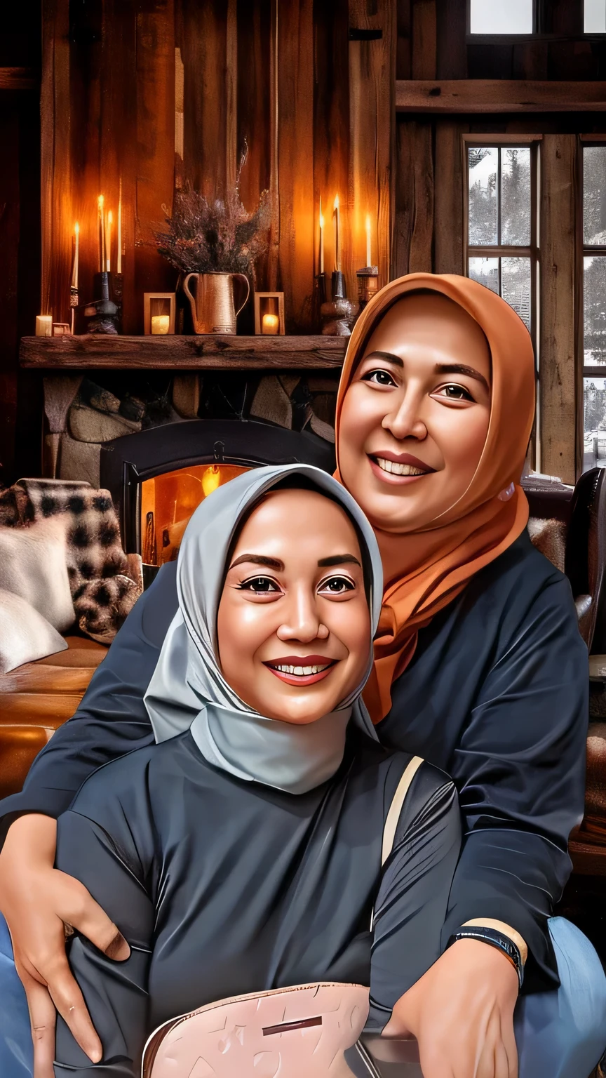 there are two women sitting together in a living room, classic portrait, color portrait, high quality portrait, potrait, realism artstyle, traditional portrait, detailed portrait, portrait picture, detailed color portrait, realistic portrait photo, full portrait, cartoon digital painting, close up portrait, Look like real picture