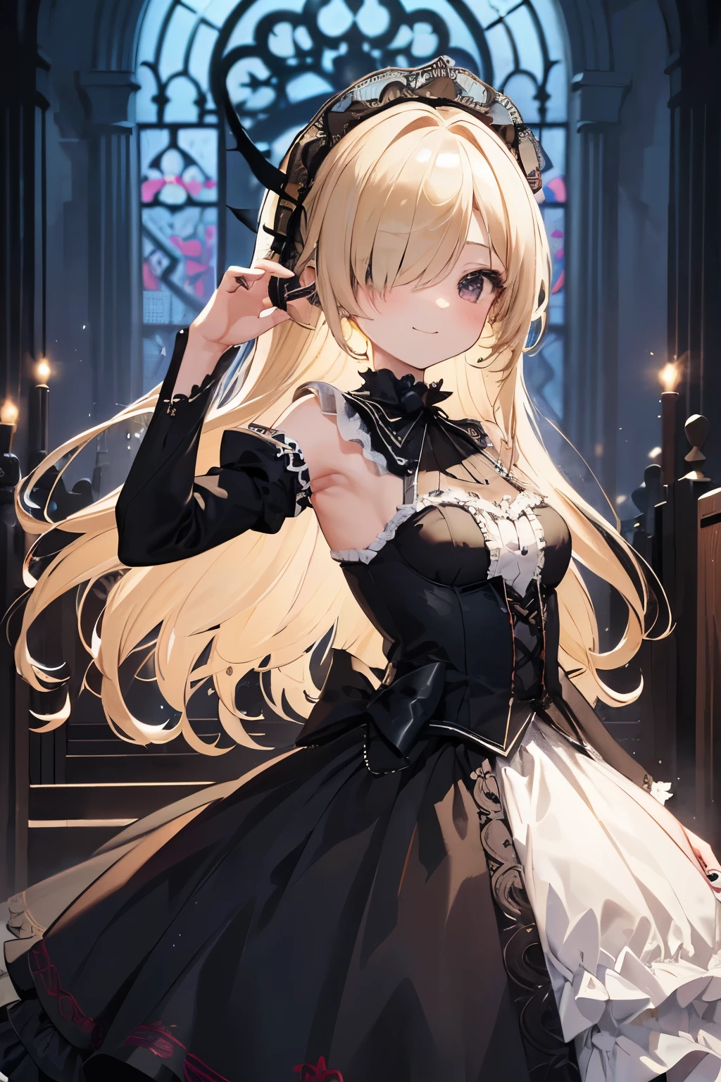 ((Masterpiece)), ((best quality)), (super detailed), 8K, from side, wide shot, Textured skin, cinematic lighting, 1girl, ((Beautiful Gothic Lolita princess Dresses)), exposed small breast, (very hoop-dress), Luxury roses embroidery, cute innocent young girl, ((hair over one eye)), Slender and small breasts, (long silky blond hair), (gothic lolita makeup), beautiful hair, smile, (blush), Light particles, ((Lift the skirt with hand)), (in Bright and beautiful Tranquility Church)