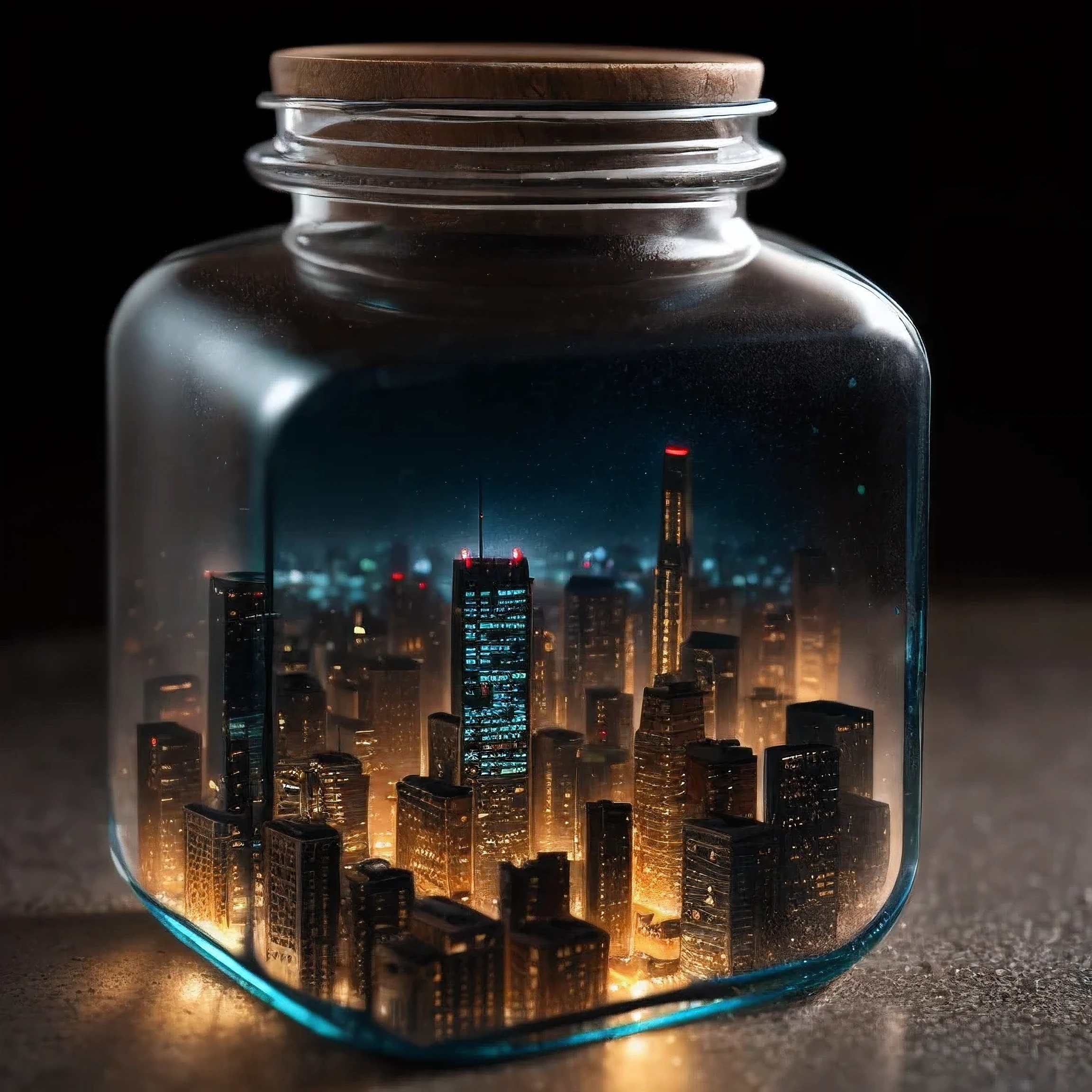 city inside a square glass jar with lid, placing on the windowsill, extremely detailed, 8K, apocalyptic punk style, miniatures, macro photography in close-up 
