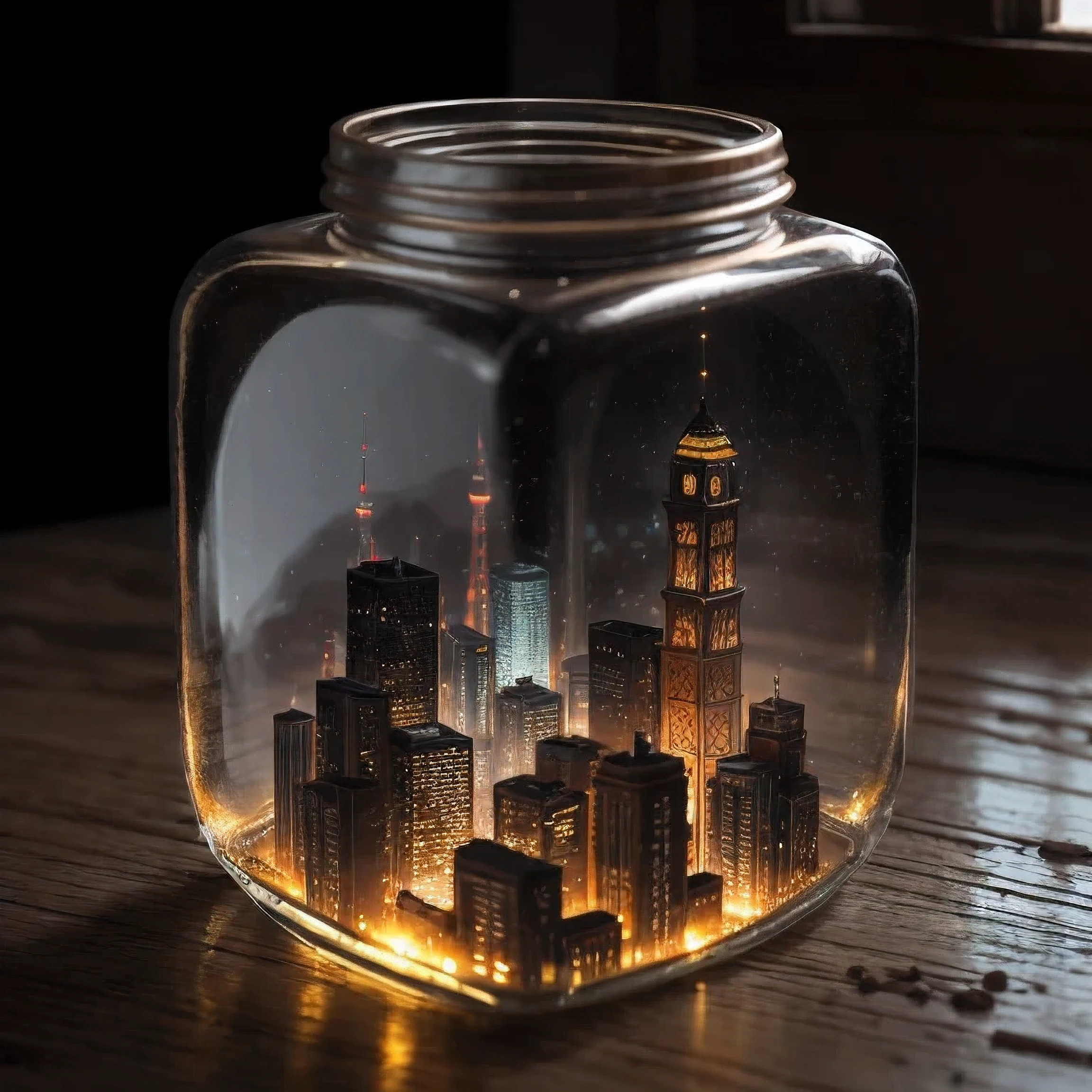 city inside a square glass jar with lid, placing on the windowsill, extremely detailed, 8K, apocalyptic punk style, miniatures, macro photography in close-up