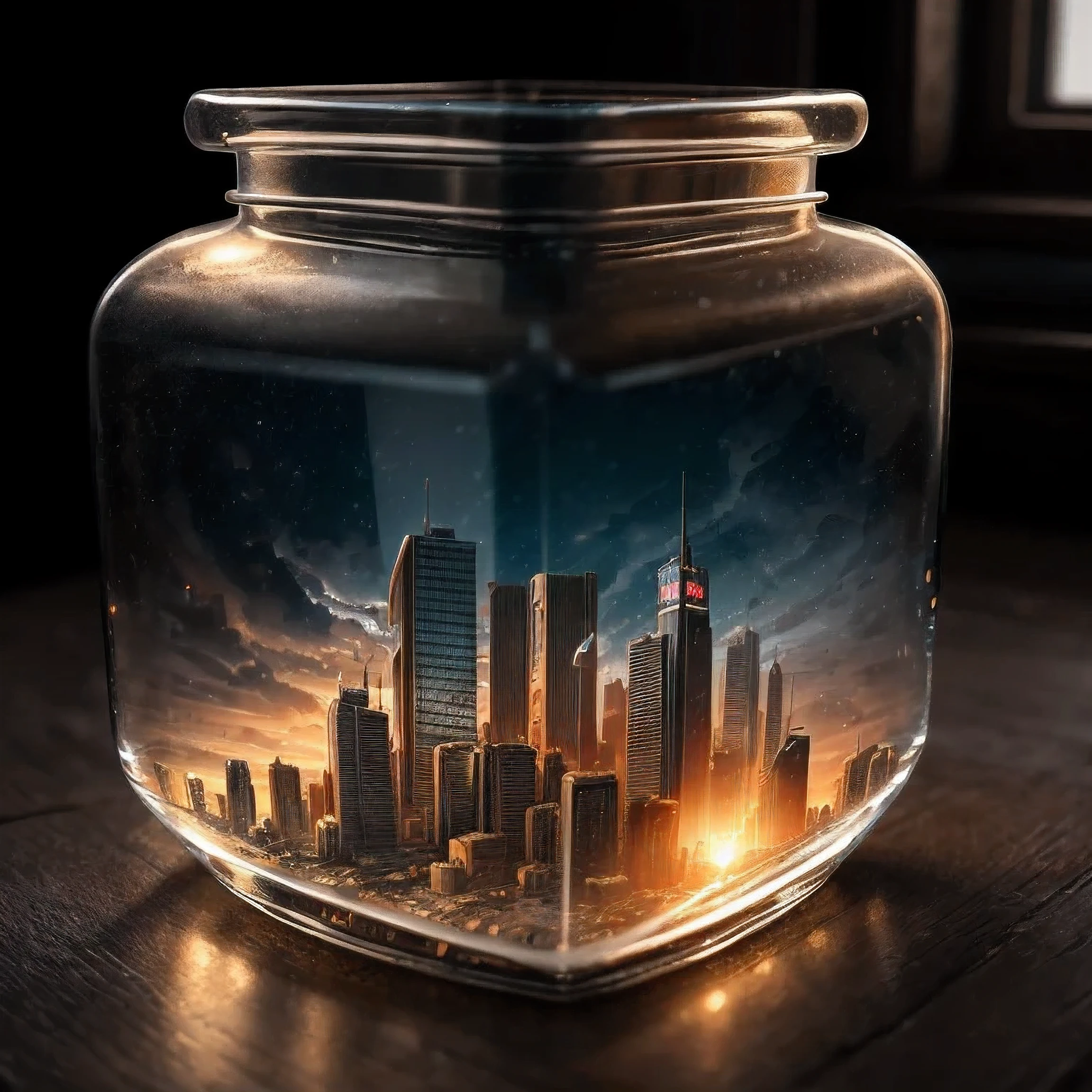city inside a square glass jar with lid, placing on the windowsill, extremely detailed, 8K, apocalyptic punk style, miniatures, macro photography in close-up