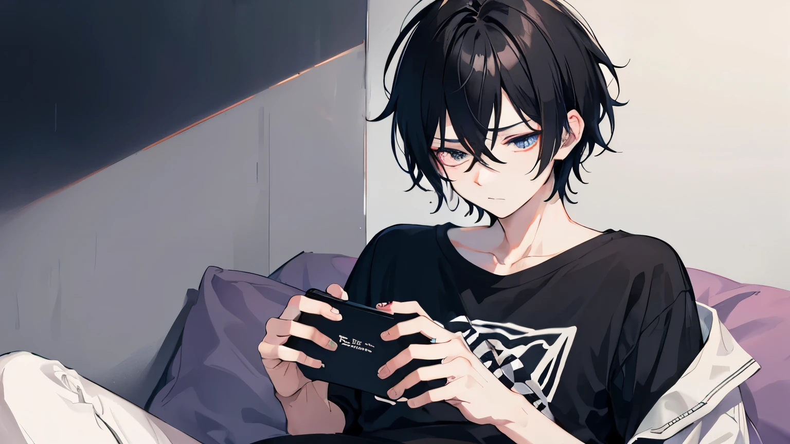 Anime male, short messy black hair, black eye color 1.5, handsome, wearing casual clothes, sleeping, playing games while, upset face, high resolution, 8k