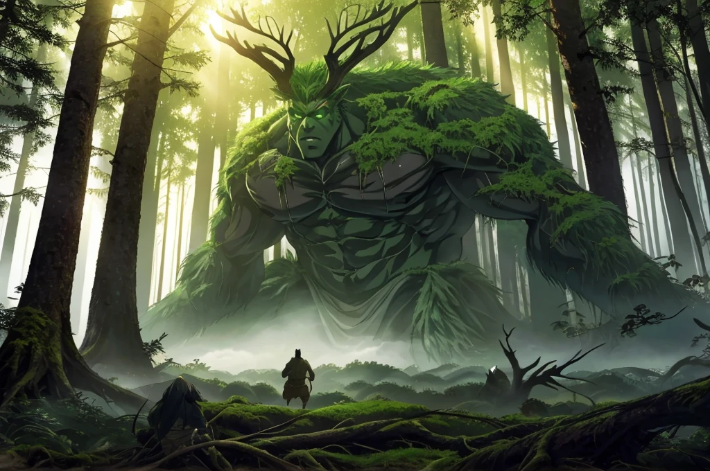  Green Giant, Large Antlers, King，There is a large moss on the back, Natural monsters, root nodule)), Background (Green trees, Nature, forest, Tall trees, Night, dense fog, Mysterious Forest), There are weapons in hand，，Photography (50mm lens, 80mm lens, Good lighting, twilight ray), Cinematic, Anime style, anime big breast, High detail, Cinematic lighting, Ray tracing, Fuji colors, Masterpiece, retinas, hyper HD, Anatomically correct, Super detail, High quality, High details, Textured skin, A high resolution, 4K