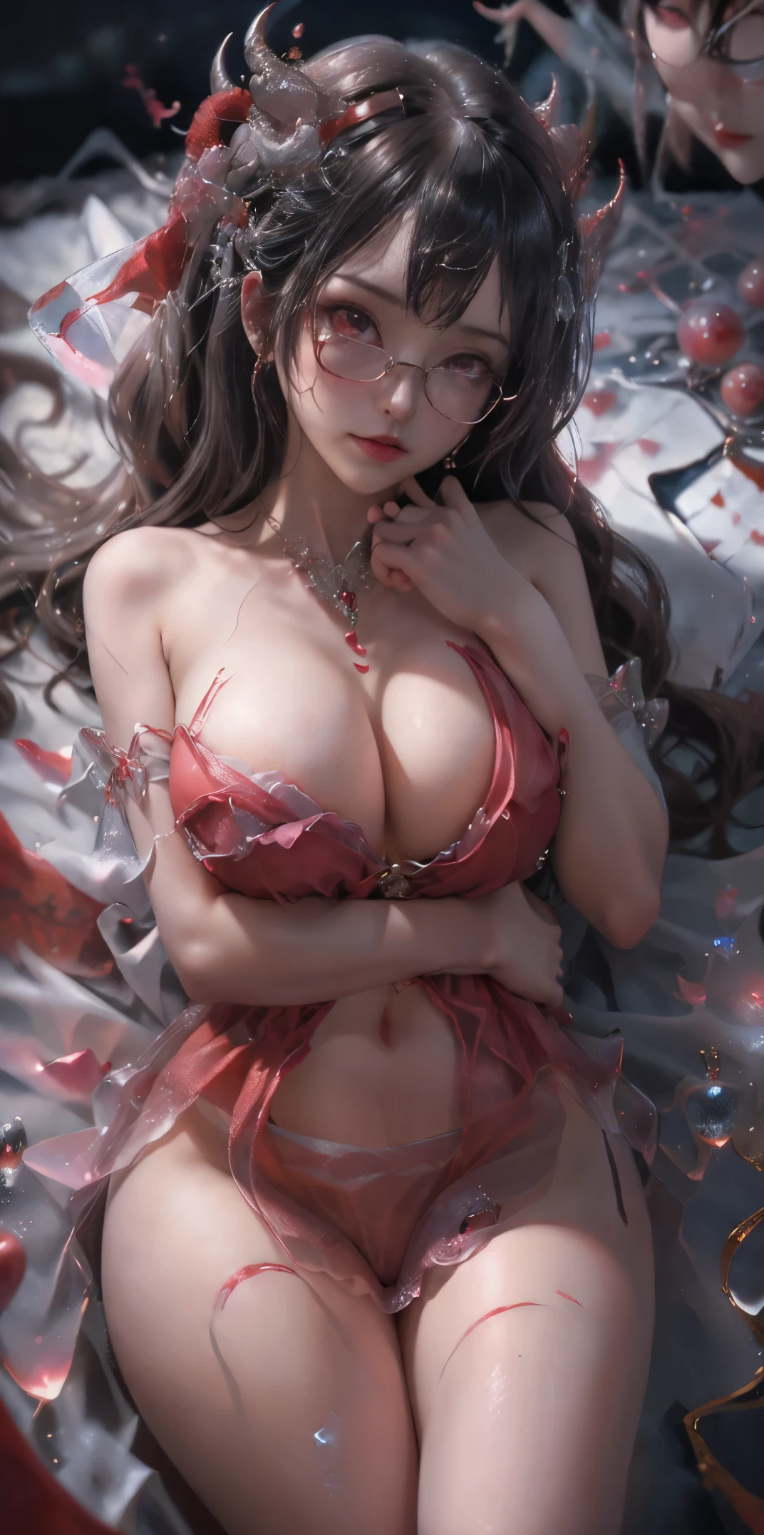 Fine、(The best illustrations)、8k UHD resolution、intricate-detail、top-quality、realisitic、ultra-detailliert、The best lighting、Best Shadows、Soft lighting、Ulutra HD、Dungeon and Dragon、caves、Dungeon、 A Necromancer、natta、Dark style、Succubus、Devil's Daughter、Bat Wings，(((Demon Hornlack-rimmed round glasses))))、(((Colossal tits)))、(Devil's Tail)、(red eyes glowing:1.6)、​masterpiece、beautiful countenance、Tindall Effect、photos realistic、(High Detail Skins:1.2)、8KUHD、Digital SLR、hightquality、a picture、hight resolution、 absurderes、Ponytail distortion、best ratio four finger and one thumb、女の子1人、hair adornments、Red sparkling gemstone necklace、jewely、Beautiful expression、Body Up、Large breasts emphasis、Toned waist、Wide buttocks、Tindall Effect、Photorealsitic、(High Detail Skins:1.2)、pink nipple, pink pussy