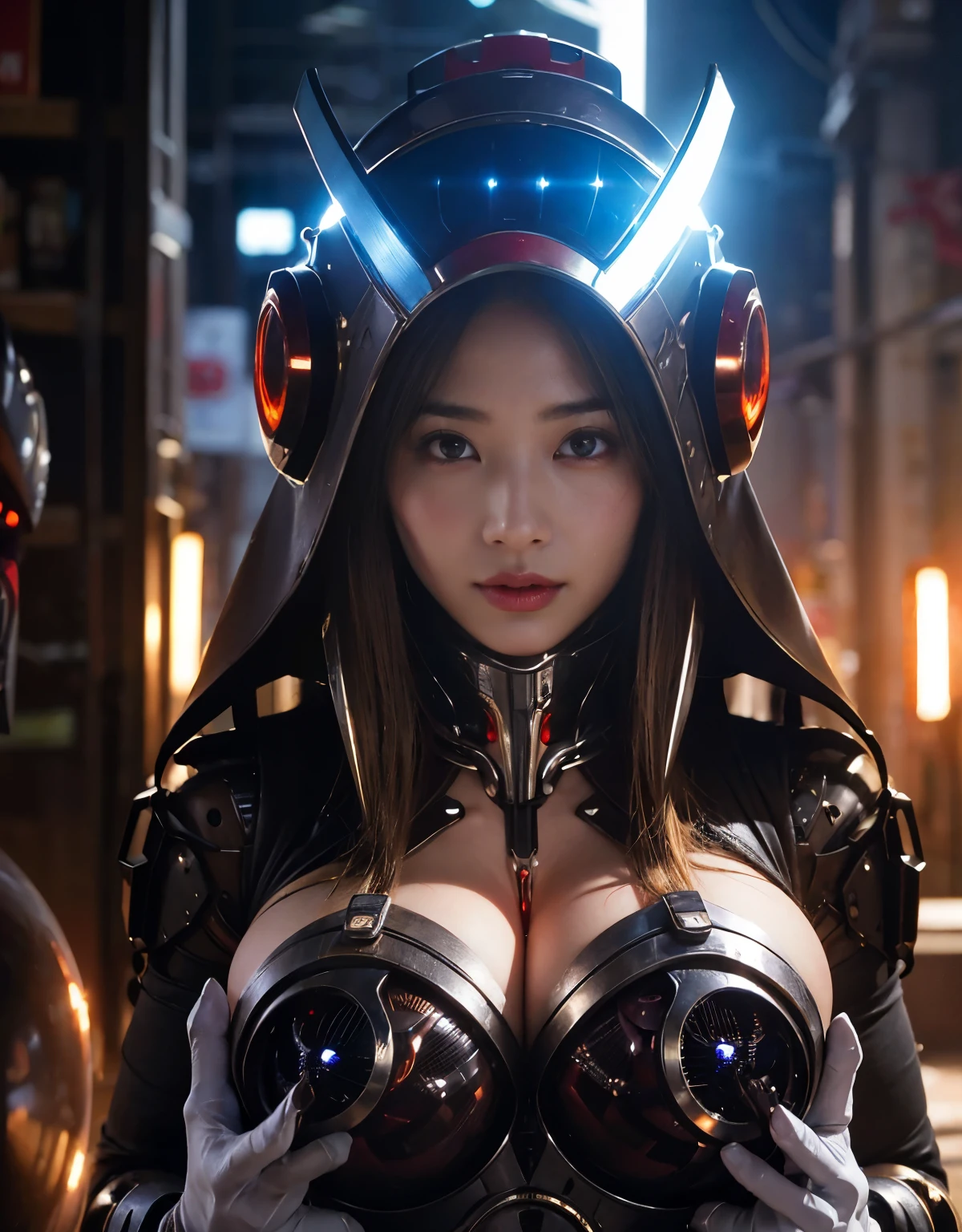 (Skimpy mechanical girl and alien background)、（Mystical expression）、highest quality、masterpiece、Super high resolution、(Photoreal:1.4)、RAW photo、1 girl、glowing skin、(((1 Mechanical Girl)))、Heavy chest、（red metalボディスーツ）、(Natural alien background to fight aliens)、(Small LED)、((Super realistic details))、vertical giant monster background),global illumination、Shadow、octane rendering、8K、super sharp、robotの背景、big breasts、Raw skin exposed in the cleavage、red metal、intricate decorative details、Japan details、very intricate details、realistic light、(Mystical expression),CG Society Trenlow Eyes、Eyes shining towards the camera、Mechanical marginal blood vessels connected to neon detail tubes)、(Wires and cables connecting to the head)、Small LED、,mechanical thighs、two stock、（Hands are also made of machines）、robot、future alien、Please wear a mechanical helmet、transparent face guard on helmet、