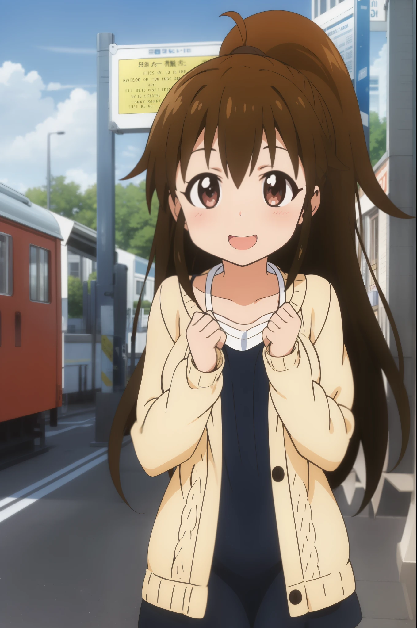 masterpiece, highest quality, ultra high resolution, highest quality, anime style, best writing, beautiful face, poplar, (1 girl:1.3), brown hair, ponytail, alone long hair, camisole dress, Plaid clothing, (white sweater:1.2), black skirt, In front of the station, best smile, open your mouth, low length, petite woman, face focus, raise your hand, wave hands