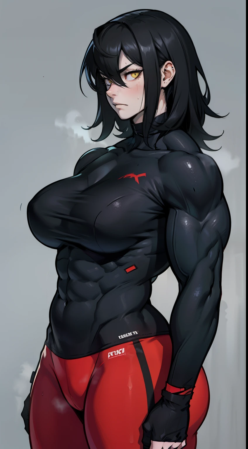 pale (((((girl))))) ((((muscular)))) ((big breasts toned body thick)) expressionless sad black hair yellow eyes pale sweaty skintight