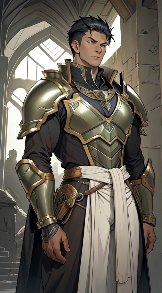 Portrait of a man, 1boy, Solo, Stand quietly, Heroes, A hero never seen before, jawline, Male, Epic, Handsome, prince, warrior, Silver armor, hyperdetailed 3d matte painting, cinemascope panoramic, awe inspiring, landscape, Natural skin texture,  Sharp focus, ((Cinematic look)), insanely details, Intricate details, greg rutkovsky、Works of art by Caravaggio and Alphonse Mucha, analogue style, Castle, inside castle, Calm environment, big bulge