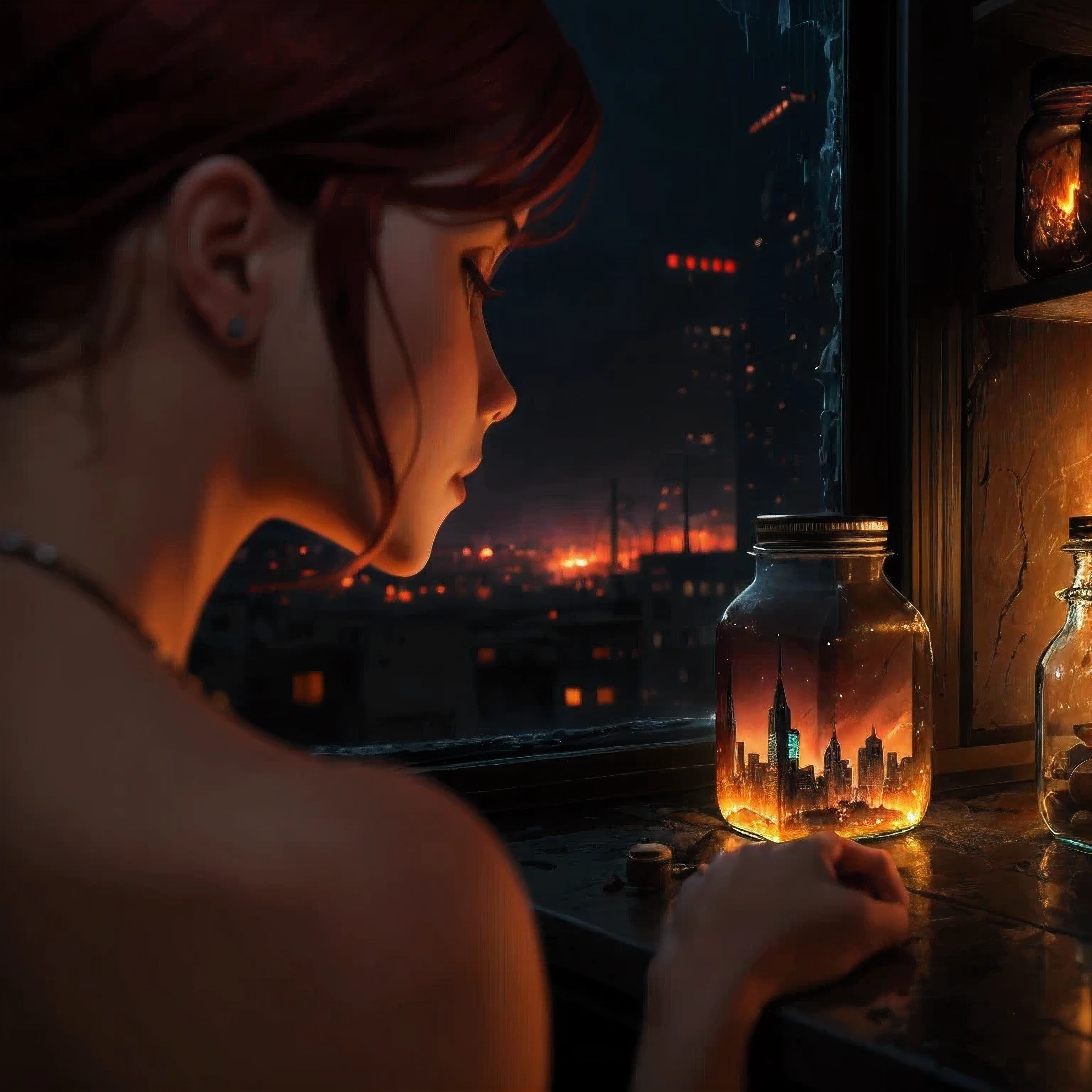 at night, a beautiful big breasted naked red head girl is looking at a jar with a city inside a square glass jar with lid, placing on the windows, extremely detailed, 8K, apocalyptic punk style, miniatures, macro photography in close-up
