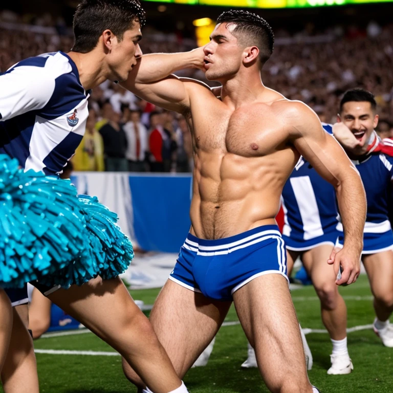 Capitan de futbol musculoso borracho y sin camisa, kissed on the mouth and masturbated by a cheerleader man smaller and thinner than him, bulto grande, mostrando pectorales y abdominales completos,wet dreams, Great erection, besos, gay pornographic