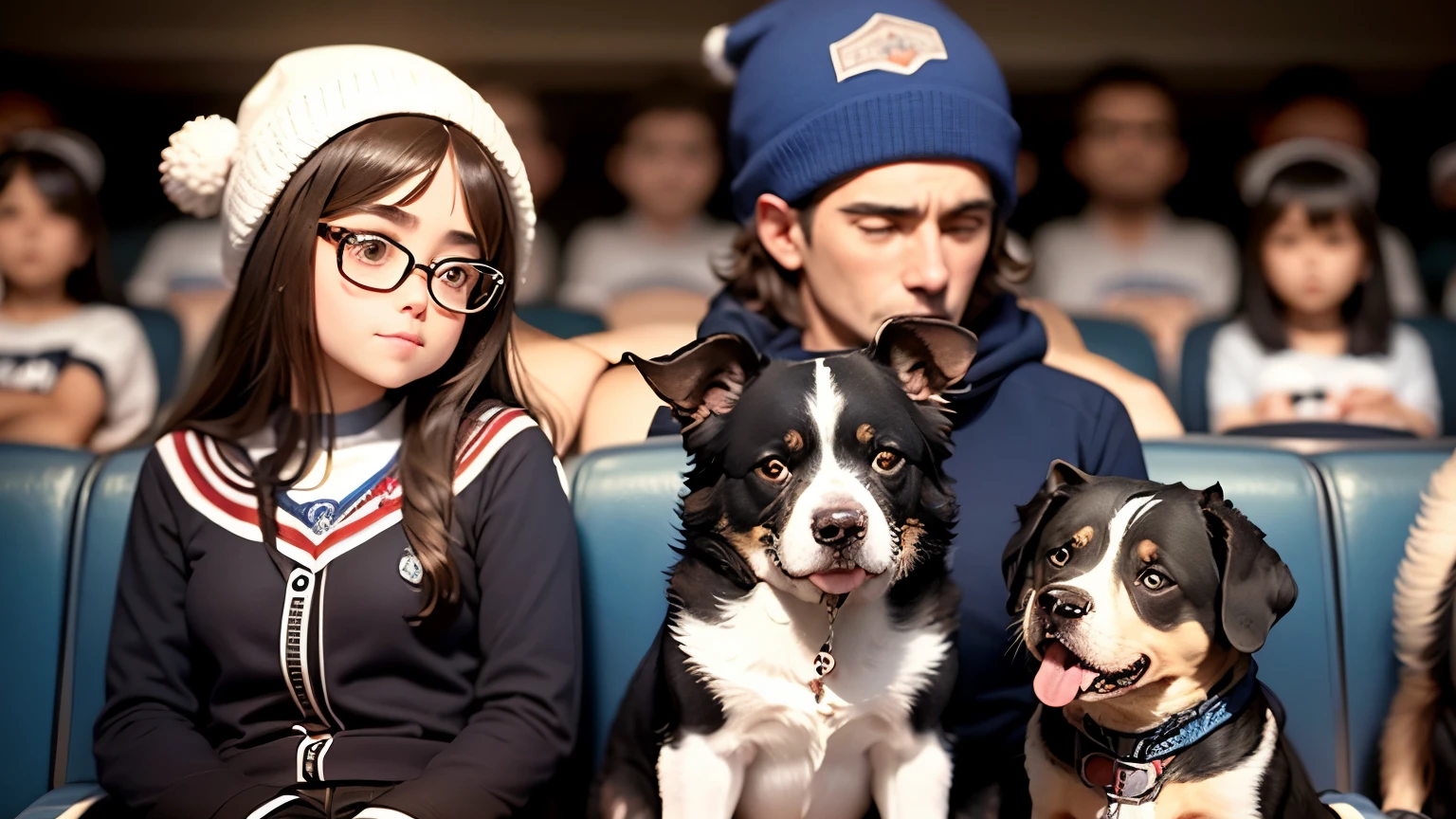 En un acogedor cine, una encantadora chica delgada de cabello rubio y ojos centelleantes, se encuentra ataviada con una vestimenta de colegiala, emanando un aire de juventud y vitalidad. Sus gafas de secretaria le confieren un toque intelectual mientras trabaja en el cine, immersed in the magic of movies. A su lado, your loyal four-legged companion, un perro adorable, permanece sentado, showing devotion as they share this cinematic space together. The combination of the girl's youthful elegance, the atmosphere of the cinema and the playful presence of your dog creates a charming and unique scene.
