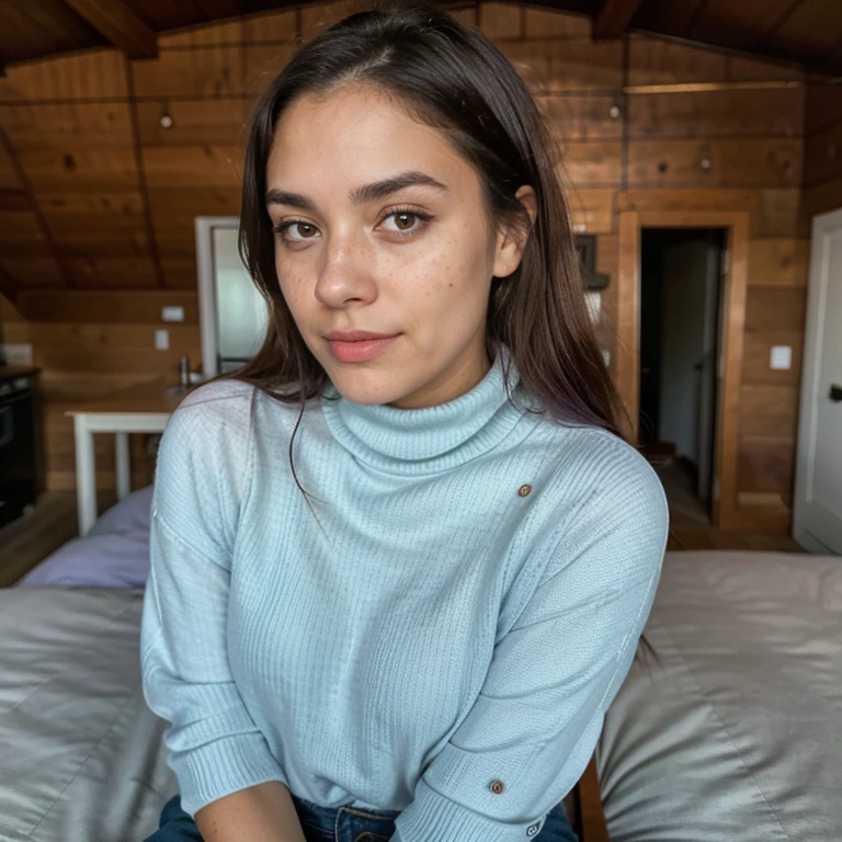 23-year-old hyper-realistic Latin girl with freckles, selfie de humor para instagram, Ultra Definition, (photoreallistic: 1.4), 8k, Calidad Premier, Fondos detallados, cara delicada, Maquillaje natural, foto RAW, iPhone, HDR, Coqueteando con el espectador, wearing a purple turtleneck sweater, sitting on a piece of wooden furniture in a cabin
