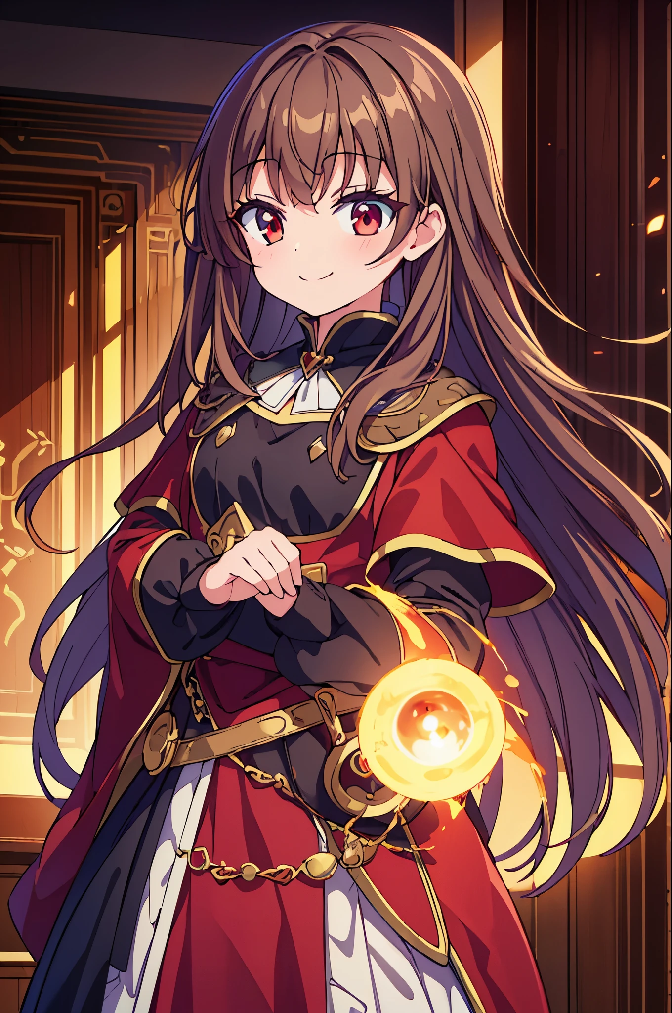 (best quality:1.2,8k,highres,masterpiece:1.2),1girl,solo,brown hair,mage,magic, red eyes, smiling,