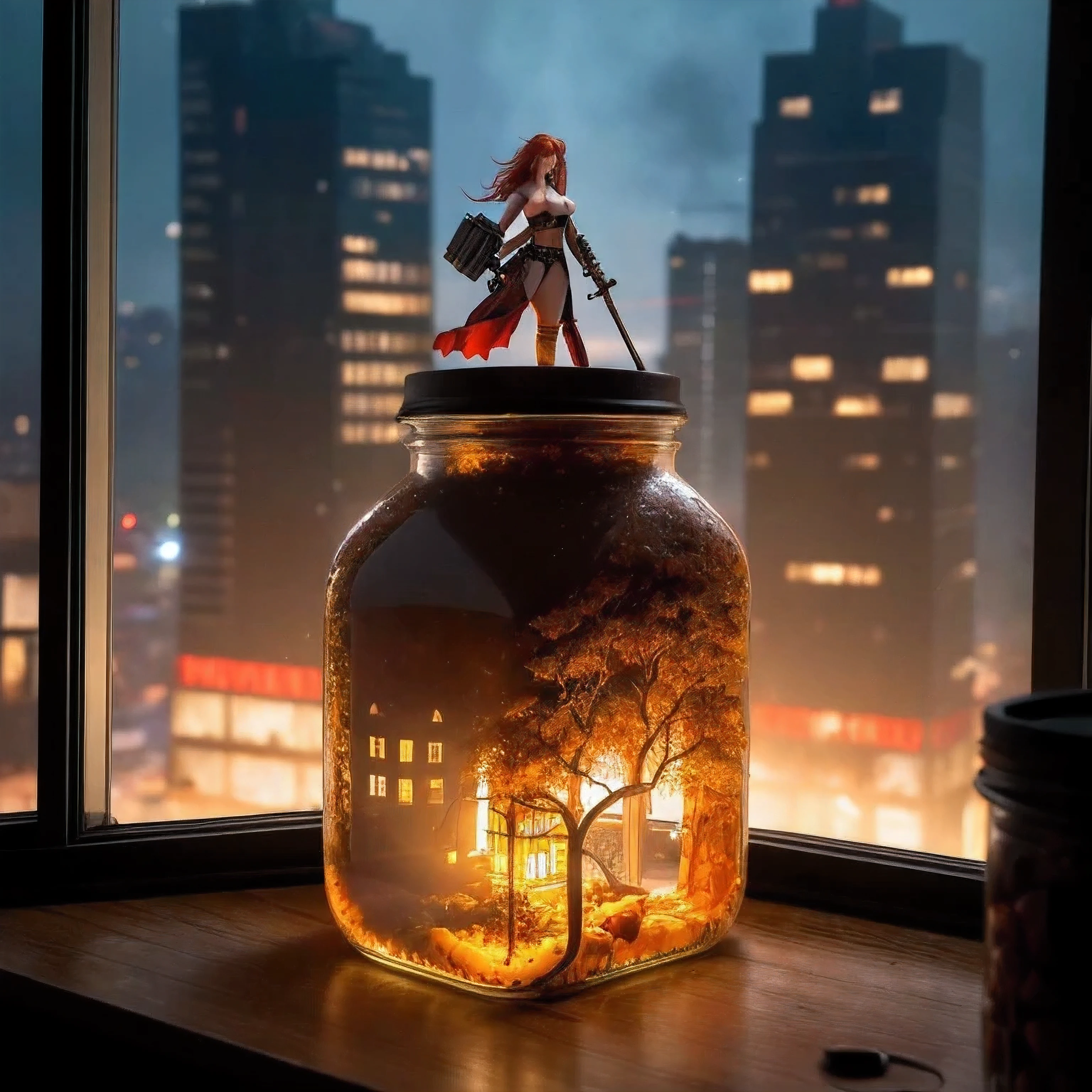at night, a beautiful big breasted naked red head girl is looking at a jar with a city inside a square glass jar with lid, placing on the windows, extremely detailed, 8K, apocalyptic punk style, miniatures, macro photography in close-up