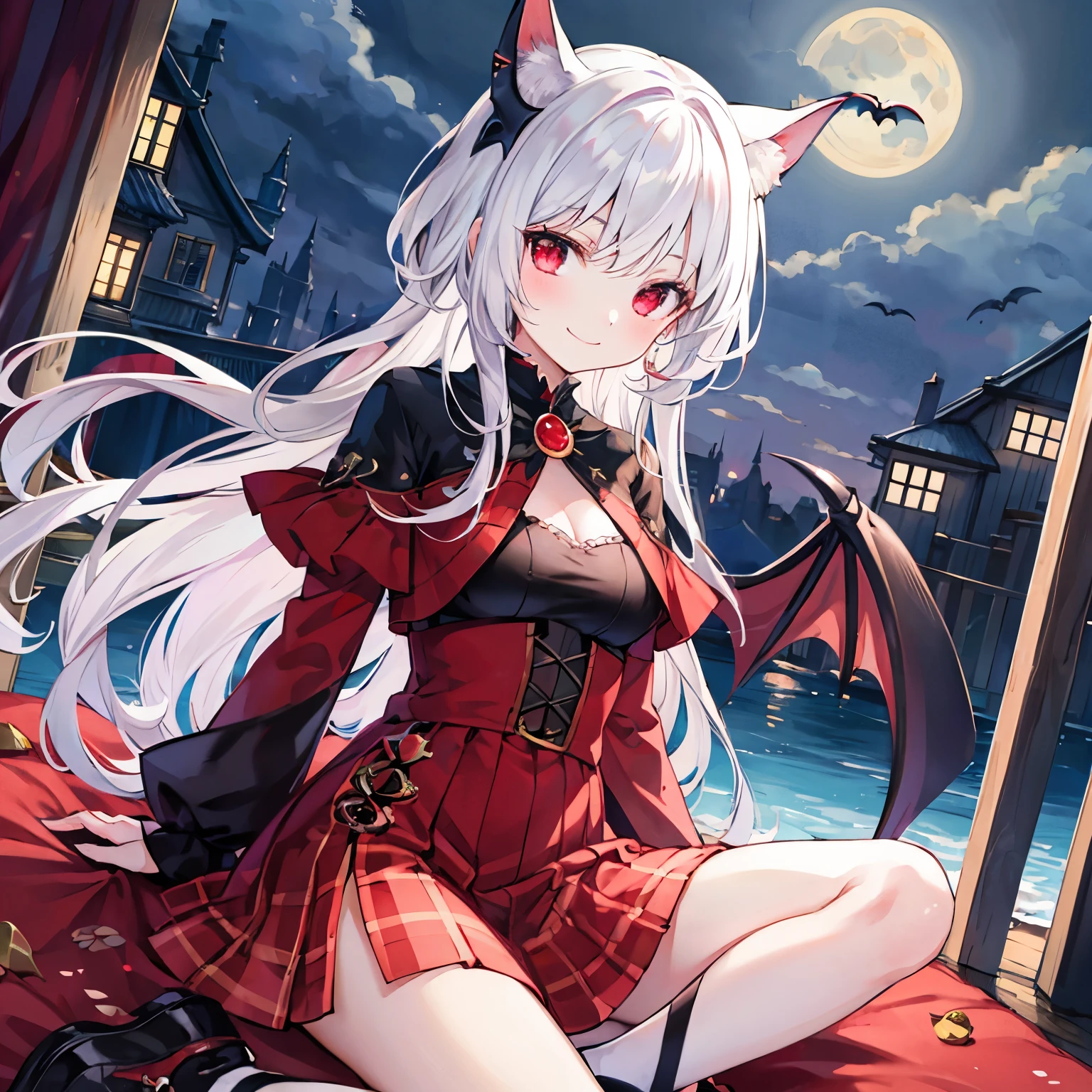 white hair、Vampire、red eyes、Beautiful girl alone、Black Dress、a cold expression、a moon、Midnight、The dragon