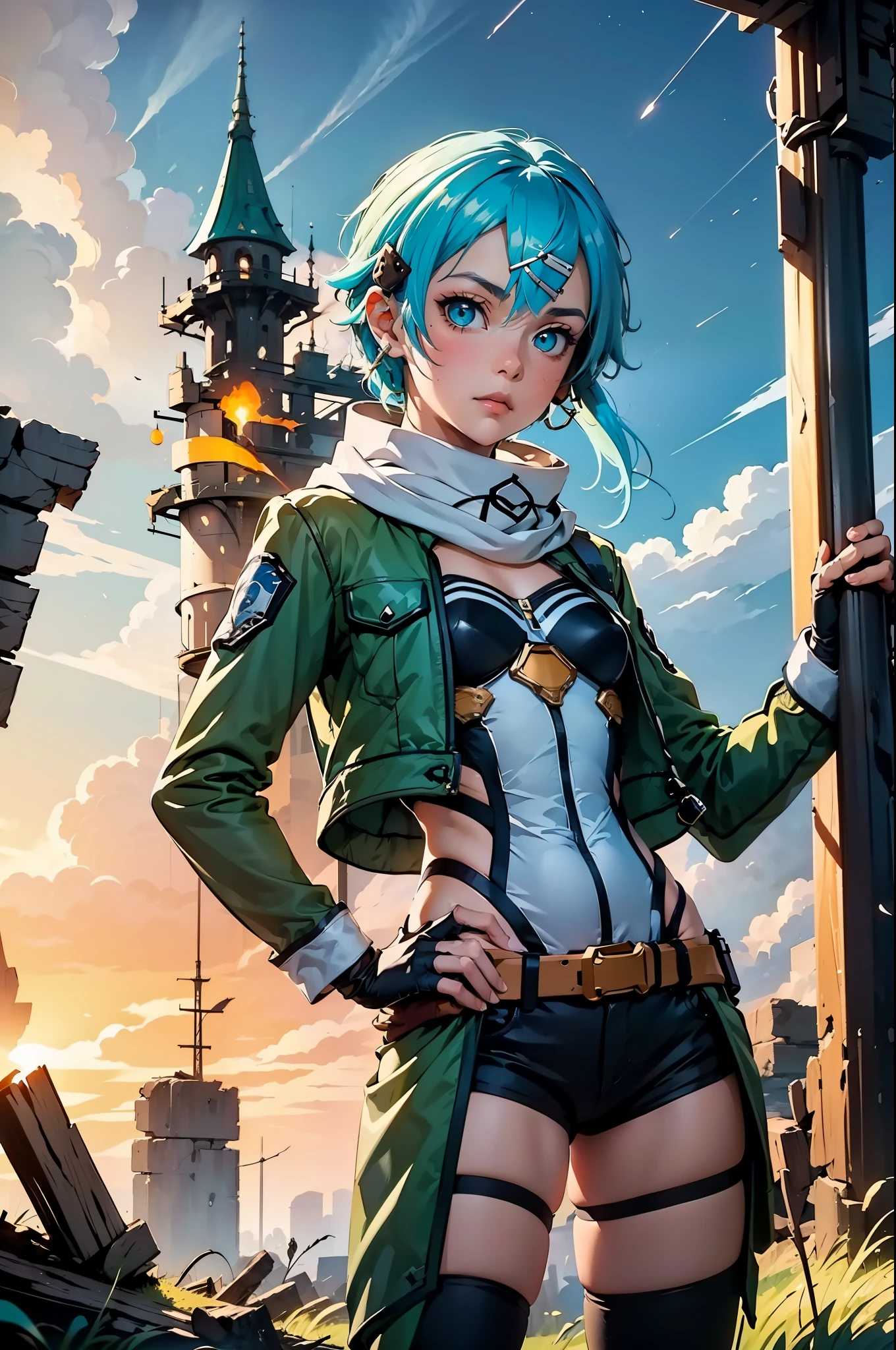 (masterpiece), best quality, expressive eyes, perfect face, highres, sinon1, scarf, fingerless gloves, long sleeves, short shorts, hair ornament, hairclip, green thighhighs, green jacket, thigh strap, hands on hip, field, ruins background, ruined structures, standing, cowboy shot, looking at the viewer