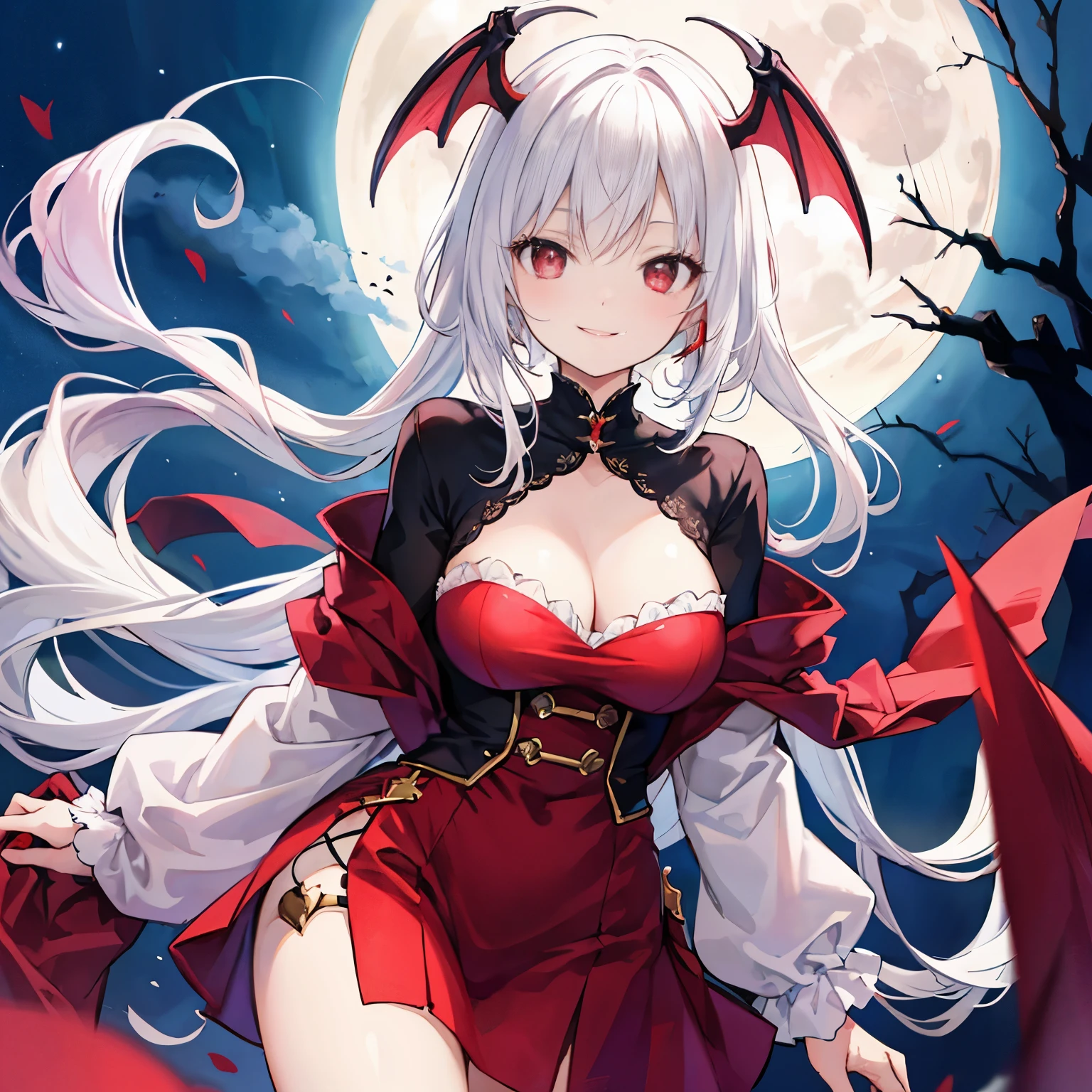 white hair、red eyes、Beautiful girl alone、a smile、a moon、vampire