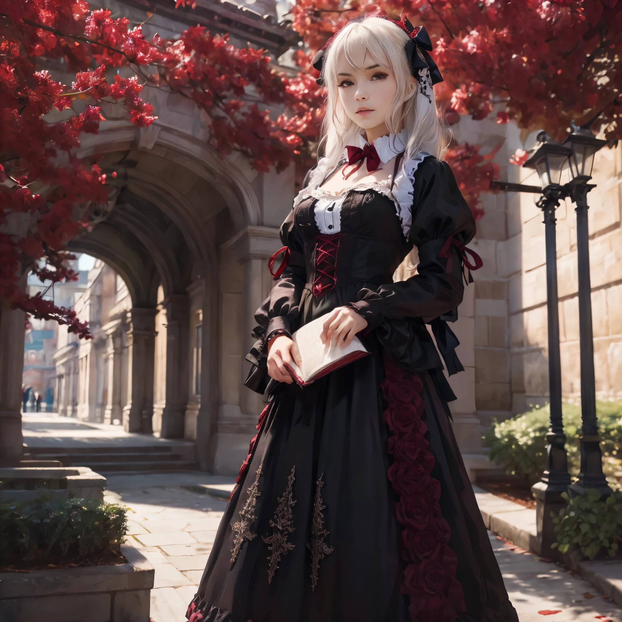 (best quality,4k,8k,highres,masterpiece:1.2),ultra-detailed, college girl, f4mk3, gothic ****ta, white hair, black dress with maroon lace maroon bows and maroon frills, hanging out outside on college campus, coquettish pose, holding books, HDR, 8k, absurdres, cinestill 800, sharp focus