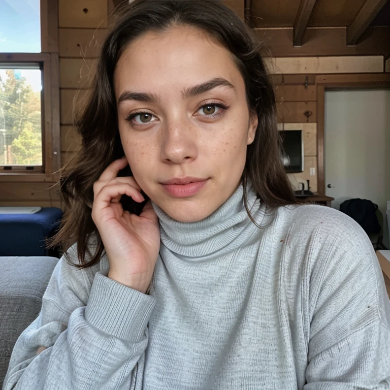 23-year-old hyper-realistic Latin girl with freckles, selfie de humor para instagram, Ultra Definition, (photoreallistic: 1.4), 8k, Calidad Premier, Fondos detallados, cara delicada, Maquillaje natural, foto RAW, iPhone, HDR, Coqueteando con el espectador, wearing a purple turtleneck sweater, sitting on a piece of wooden furniture in a cabin